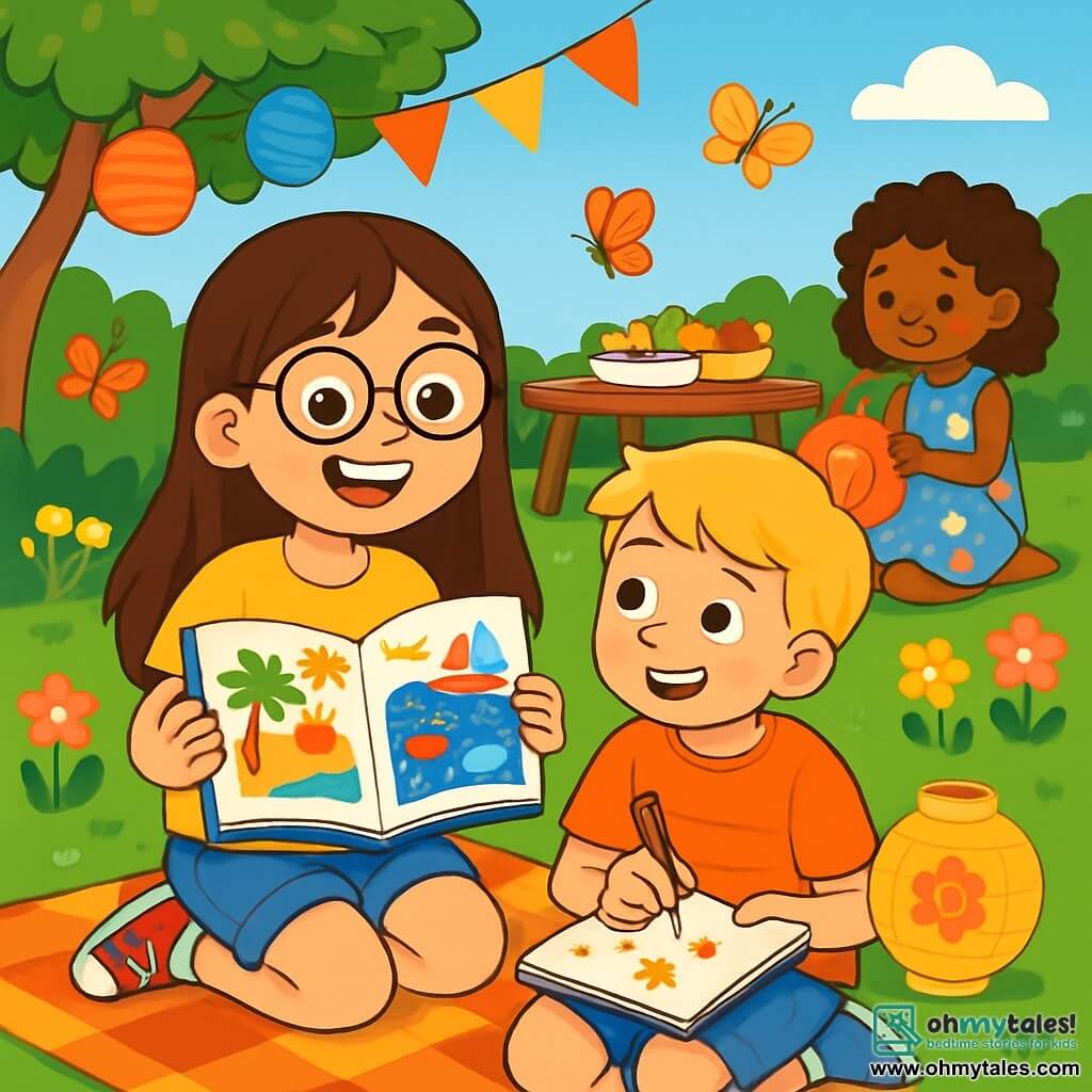 A 10-year-old girl named Emily, with long brown hair and round glasses, is joyfully smiling while holding an open book filled with colorful illustrations. She wears a bright yellow t-shirt and denim shorts, sitting on a checkered blanket in her sunny garden. Next to her, her friend Sam, a 10-year-old boy with blond hair and sparkling eyes, is drawing stars in a notebook, looking at Emily with admiration. Lucy, a 9-year-old girl with curly hair and a floral dress, is decorating paper lanterns, sitting a little further away on the green grass. The garden is filled with colorful flowers, fluttering butterflies, and a large wooden table with food. The atmosphere is joyful and festive, with laughter and chatter. The main scene shows Emily and her friends sharing summer stories while preparing a party inspired by cultures from around the world, surrounded by colorful decorations and a sense of camaraderie.