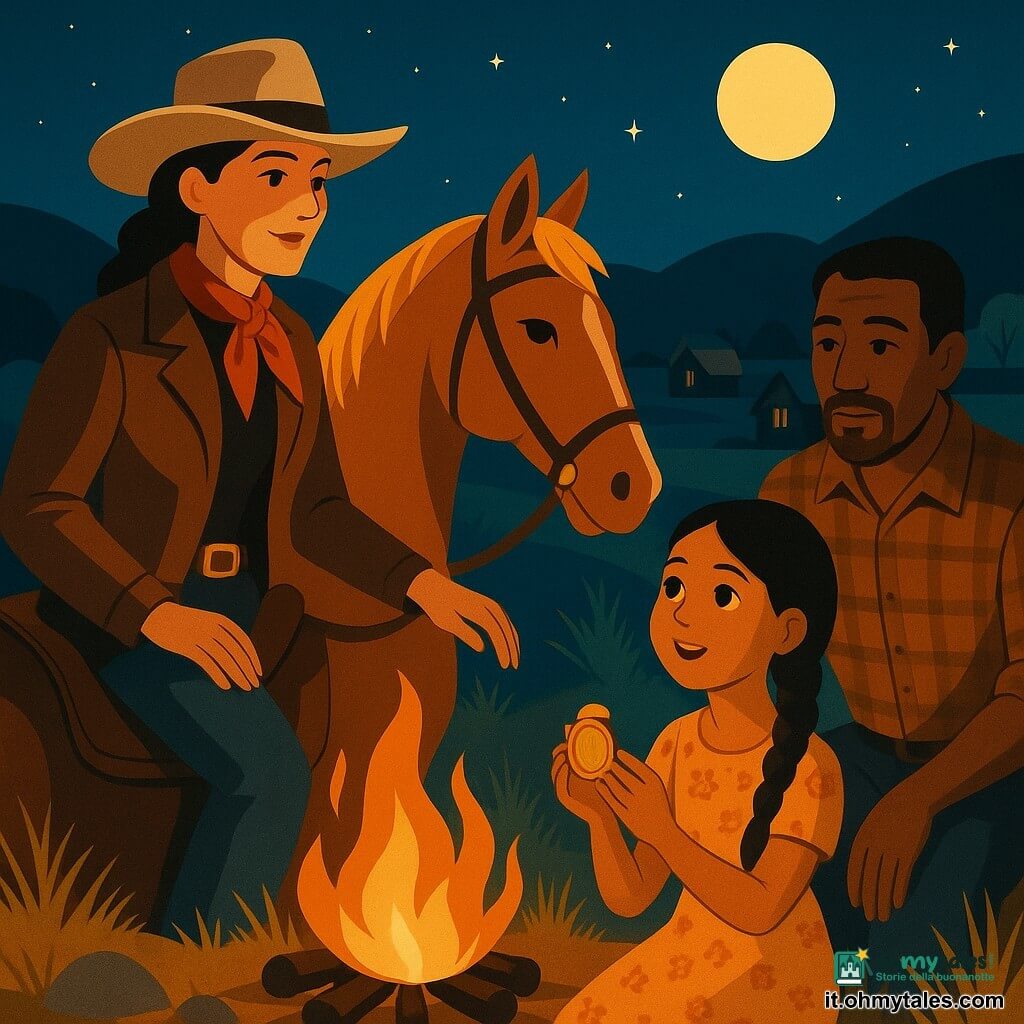Clara, una cow‑girl, osserva la notte con un sorriso sereno e sguardo determinato, veste una giacca di cuoio marrone, cappello beige a tesa larga, foulard rosso al collo, una mano sulla groppa del suo cavallo mentre racconta una storia al gruppo; Maya, bambina di circa 8 anni, stringe un medaglione dorato con gli occhi stupiti, seduta vicino al fuoco con un vestito a fiori e una lunga treccia castana; il padre di Maya, sui 40 anni, dal volto stanco ma riconoscente, in camicia a quadri con le maniche rimboccate, sta in piedi leggermente indietro osservando; Dusty, un grande cavallo sauro, orecchie in avanti e sguardo dolce, è legato vicino al fuoco con sella consumata e un po' di cenere sulle zampe. Intorno si apre la prateria di erbe dorate, rocce arrotondate e piccole case di legno, mentre una luna piena illumina la scena: serata tranquilla dopo il salvataggio, tutti riuniti attorno a un fuoco crepitante con volti colorati di arancio, stelle nel cielo blu profondo, atmosfera di sicurezza e cameratismo. Stile grafico: colori piatti e contrastati in stile art déco, linee geometriche nette, texture stilizzate per erba e cuoio, luci drammatiche sul bordo del fuoco.