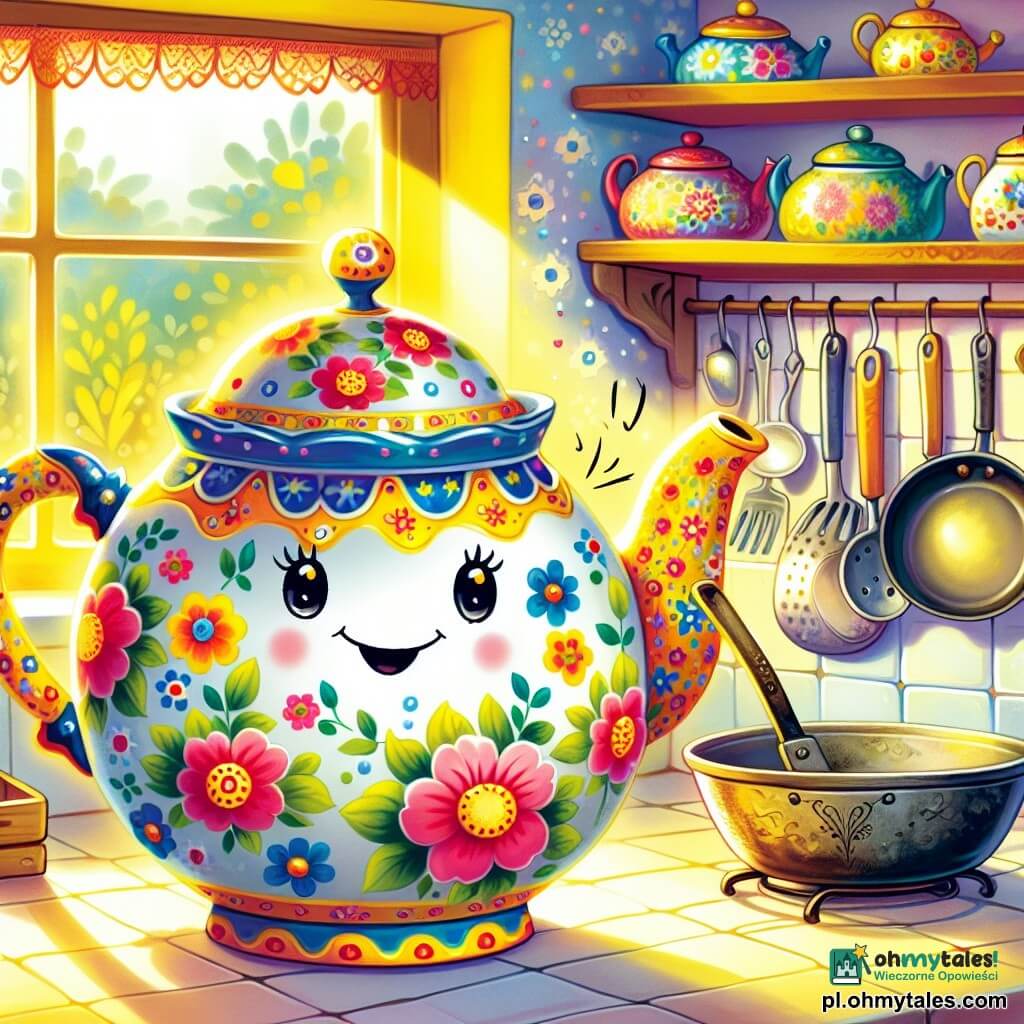 Mały czajniczek porcelanowy, nazwany Czaruś, z kolorowymi wzorami kwiatów i uśmiechniętą twarzą, stoi w centrum kuchni. Jego oczy błyszczą z ekscytacji, a on wydaje radosne bąbelki pary, próbując stworzyć melodię, wydając dźwięki gwizdów. Obok niego stoi stara patelnia metalowa, nazwana Patina, z złotymi uchwytami i zachęcającym wyrazem, delikatnie uderzając w bok, tworząc porywający rytm. Uśmiecha się z dumą, stojąc lekko z tyłu, aby wspierać Czaruśa. Kuchnia jest jasna i przytulna, z pastelowo żółtymi ścianami, półkami wypełnionymi kolorowymi słoikami i wiszącymi narzędziami, które błyszczą w słońcu. Otworzone okno wpuszcza delikatny powiew wiatru, sprawiając, że firany tańczą. Czaruś i Patina dają radosny koncert, wypełniając pokój muzyką i śmiechem, podczas gdy inne przybory kuchenne słuchają ich z zachwytem, tworząc atmosferę święta i przyjaźni.