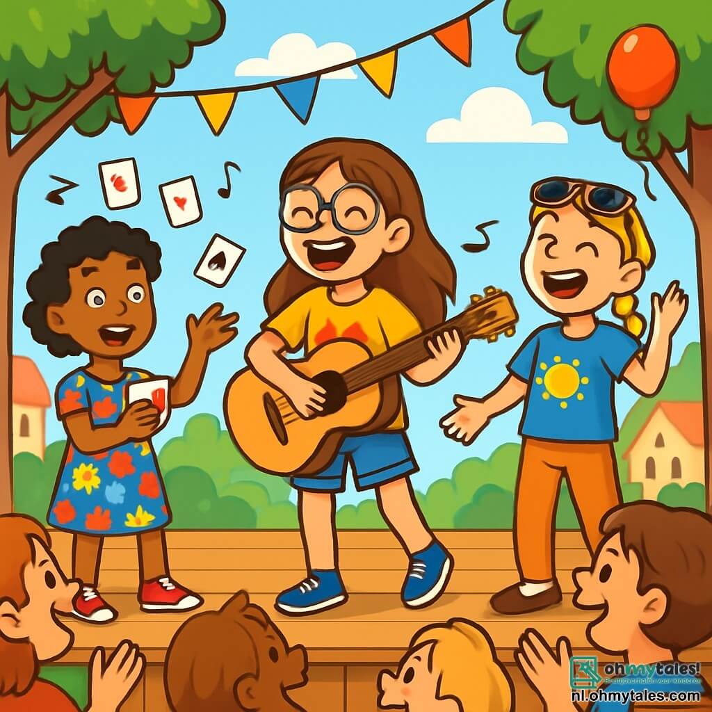 Er zijn 3 personages: - Lisa: een 12-jarig meisje met lang bruin haar en een bril met ronde glazen. Ze draagt een felgele t-shirt met een kattenafbeelding en een spijkerbroekshort. Ze staat in het midden, glimlachend en vol energie, met een gitaar in de hand. - Noor: een 12-jarig meisje met kort, krullend zwart haar. Ze draagt een kleurrijke bloemenjurk en rode sneakers. Ze staat links van Lisa, met speelkaarten in de hand, klaar om een truc uit te voeren. - Emma: een 12-jarig meisje met gevlochten blond haar en een zonnebril op haar hoofd. Ze draagt een blauwe t-shirt met een zonmotief en een canvas broek. Ze staat rechts van Lisa, terwijl ze zingend met een grote glimlach bezig is. De situatie speelt zich af in een charmant dorp, met een groot houten podium versierd met kleurrijke slingers. De lucht is blauw met enkele witte wolken, en het publiek zit op houten stoelen, lachend en klappend. Groene bomen omringen het podium en ballonnen zweven in de lucht. De hoofdscène toont de drie vriendinnen op het podium terwijl ze hun komische show uitvoeren. Noor doet een goocheltruc met vliegende kaarten, Emma zingt een grappig lied, en Lisa danst op een komische manier, allemaal stralend van vreugde en opwinding, terwijl ze het publiek betoveren dat hen met verwondering aankijkt.