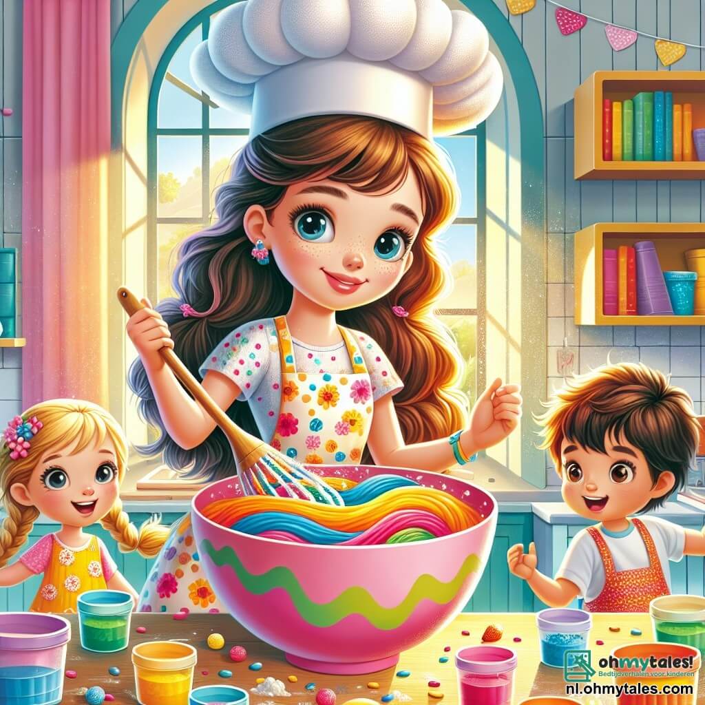 Een chef-kok, Annelies, staat in een lichte keuken met een brede, blije glimlach op haar gezicht. Ze draagt een grote witte koksmuts die een beetje scheef staat en een kleurr apron, met haar bruine, krullende haar dat op haar schouders valt. Ze mengt enthousiast een grote kom met multicultureel deeg, omringd door potten in felle kleuren. Naast haar kijkt een klein meisje genaamd Emma, 6 jaar oud, met blonde vlechten en nieuwsgierige ogen, aandachtig naar het mengsel. Ze draagt een bloemenjurk en houdt een houten lepel vast, klaar om te helpen. Een kleine jongen genaamd Tim, 5 jaar oud, met kastanjebruin haar en een ondeugende glimlach, kiest potten in kleur op de tafel, met glinsterende ogen van opwinding. De keuken is ruim en warm, met pastelgele muren, planken vol kookboeken en kleurrijke keukengerei dat boven een houten werkblad hangt. Zonnestralen filteren door het raam en verlichten de scène. Annelies, Emma en Tim zijn bezig met het maken van een prachtige deeg voor een "rainbow cake", met stralende kleuren die vrolijk in de kom mengen, wat een sfeer van geluk en creativiteit creëert.