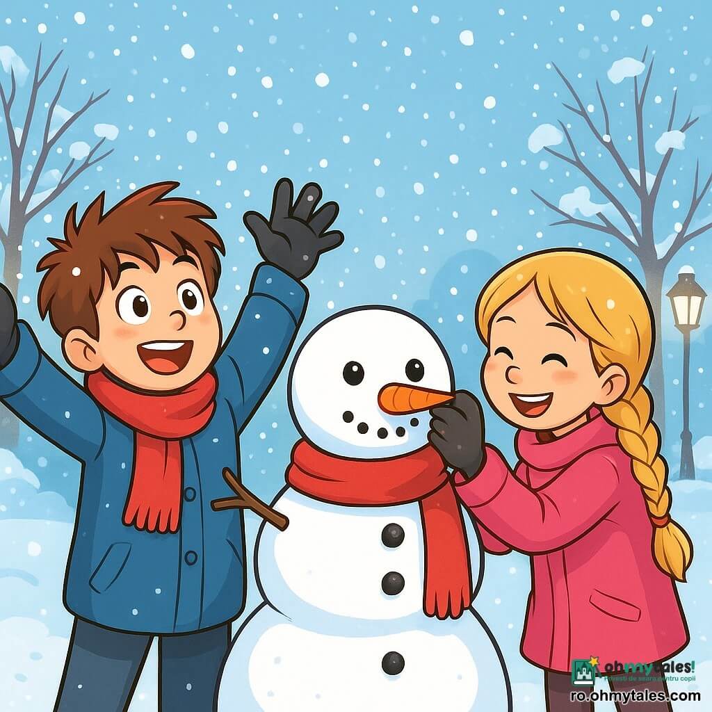 Un băiat de 12 ani, cu părul brun zburlit și obrașe roz, stă în mijlocul unui parc acoperit de zăpadă, cu ochii mari deschiși, uimit de frumusețea zăpezii strălucitoare. Poartă o haină groasă albastră, o eșarfă roșie și mănuși negre, cu mâinile ridicate, de parcă ar vrea să prindă fulgii care cad ușor în jurul lui. Lângă el, o fată de 11 ani, cu părul blond lung împletit și un zâmbet strălucitor, construiește un om de zăpadă, cu obrașele înroșite de frig. Poartă o haină roz aprins și cizme căptușite, concentrată pe sarcina ei, adăugând o morcov pentru nasul omului de zăpadă. În fundal, copacii goi sunt acoperiți de zăpadă, iar felinarele difuzează o lumină blândă, creând o atmosferă caldă și magică. Scena ilustrează băiatul și fata râzând și jucându-se împreună, înconjurați de fulgi de zăpadă care dansează în aer, reflectând bucuria și uimirea iernii.