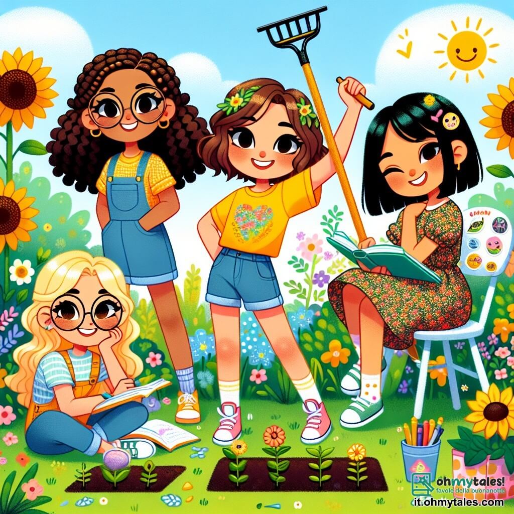 Quattro ragazze di dodici anni si trovano in un giardino colorato in primavera. Sara, con i capelli castani e ricci, indossa una maglietta gialla e un pantaloncino di jeans, rastrellando il terreno con entusiasmo e un grande sorriso. Accanto a lei, Bianca, con i capelli biondi intrecciati e occhiali rotondi, è seduta su una piccola sedia, scrivendo in un quaderno con una penna colorata. Laura, con i capelli castani e lisci, indossando un vestito a fiori, disegna piante su un foglio di carta, seduta sull'erba. Infine, Chiara, con i capelli corti e neri, sorridente nella sua sedia a rotelle decorata con adesivi, mostra una piccola pianta appena germogliata, con occhi scintillanti di gioia. Il giardino è un vero e proprio quadro di colori: fiori di tutte le sfumature, girasoli che si volgono verso il sole e un piccolo orto con pomodori e carote. Le ragazze sono riunite nel loro angolo di giardino, celebrando la magia della crescita delle piante che hanno seminato insieme, ridendo e condividendo i loro sogni per il giardino.
