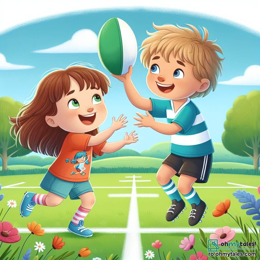 O fetiță de 4 ani, pe nume Ana, cu părul lung și brunet și ochi strălucitori de bucurie, zâmbește larg ținând o minge de rugby. Ea poartă un tricou colorat și o pereche de pantaloni scurți, stând pe un teren de rugby verde, înconjurată de flori sălbatice. Lângă ea, un băiat de 5 ani numit Radu, cu părul blond și zbârlit și un zâmbet încurajator, își ridică brațele în aer, pregătit să prindă mingea. El poartă un tricou de rugby albastru și pantaloni scurți negri, fiind ușor aplecat înainte, arătându-și entuziasmul. Terenul de rugby este în aer liber, luminat de soare, cu copaci verzi în fundal și un cer albastru presărat cu câteva nori albi. Liniile albe marchează terenul, iar flori colorate împodobesc marginile. Situația principală îi arată pe Ana și Radu jucând împreună, încercând să paseze mingea de rugby de la un capăt la altul al terenului, cu expresii de determinare și bucurie pe fețele lor, ilustrând spiritul de echipă și prietenia.