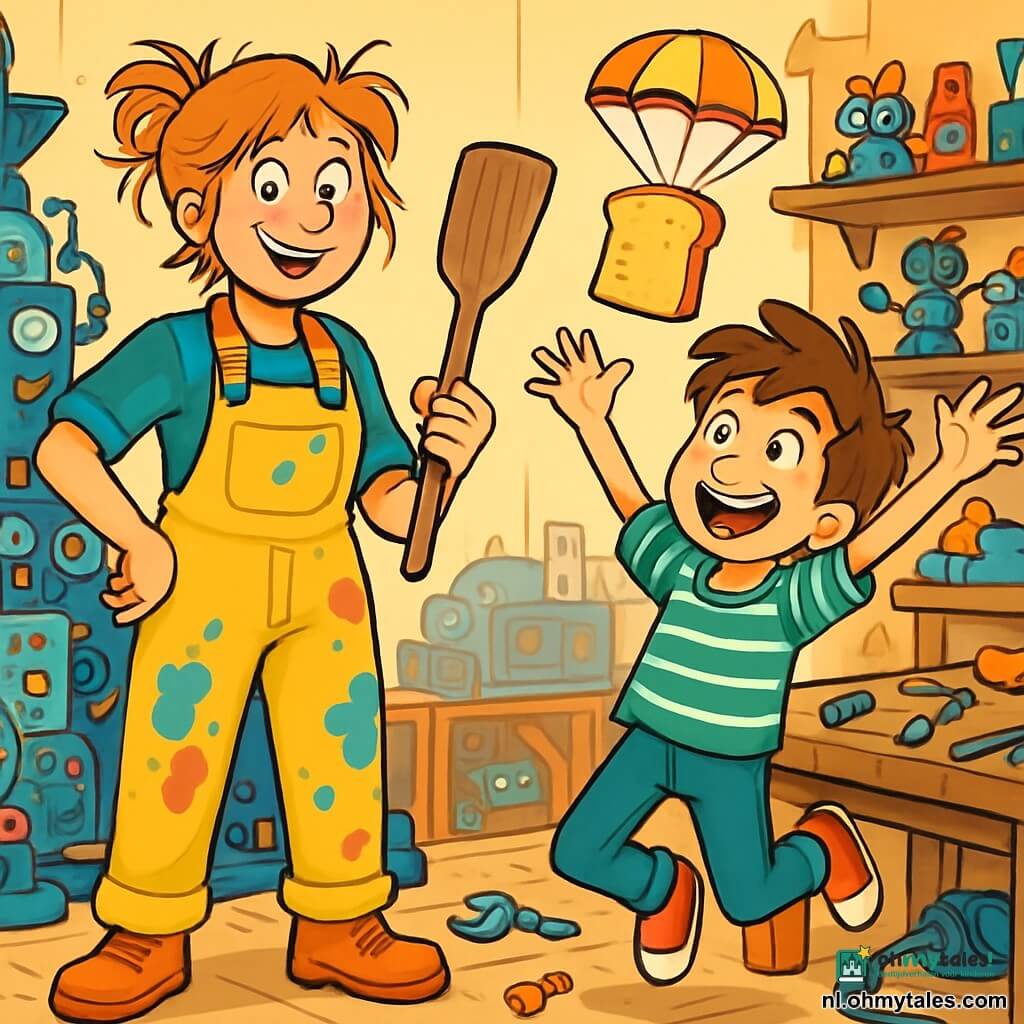 Een blije vrouw, genaamd Jet, staat in het midden van de afbeelding. Ze draagt een stralende gele overall met verfspatten en oranje werkschoenen. Haar rommelige haar is vastgehouden met een klem, en ze glimlacht met twinkelende ogen van opwinding, terwijl ze een grote houten spatel in één hand vasthoudt. Naast haar springt een 10-jarig jongetje, genaamd Bram, met bruin, wild haar en een gestreept t-shirt van blijdschap in de lucht, klaar om een boterham die door de lucht vliegt te vangen. De werkplaats is een kleurrijke rommel, vol vreemde machines, metalen onderdelen, elektrische draden en gekrabbeld papier. Gereedschap ligt verspreid over een grote houten tafel, en de planken puilen uit van speelgoed en bizarre uitvindingen. De scène toont Jet en Bram in volle actie, terwijl een boterham met een klein plastic parachute omhoog vliegt, elegant boven hen zwevend. Beide personages zijn omringd door een vrolijke en creatieve sfeer, vol levendige kleuren en leuke details, die de geest van uitvinding en avontuur illustreert.