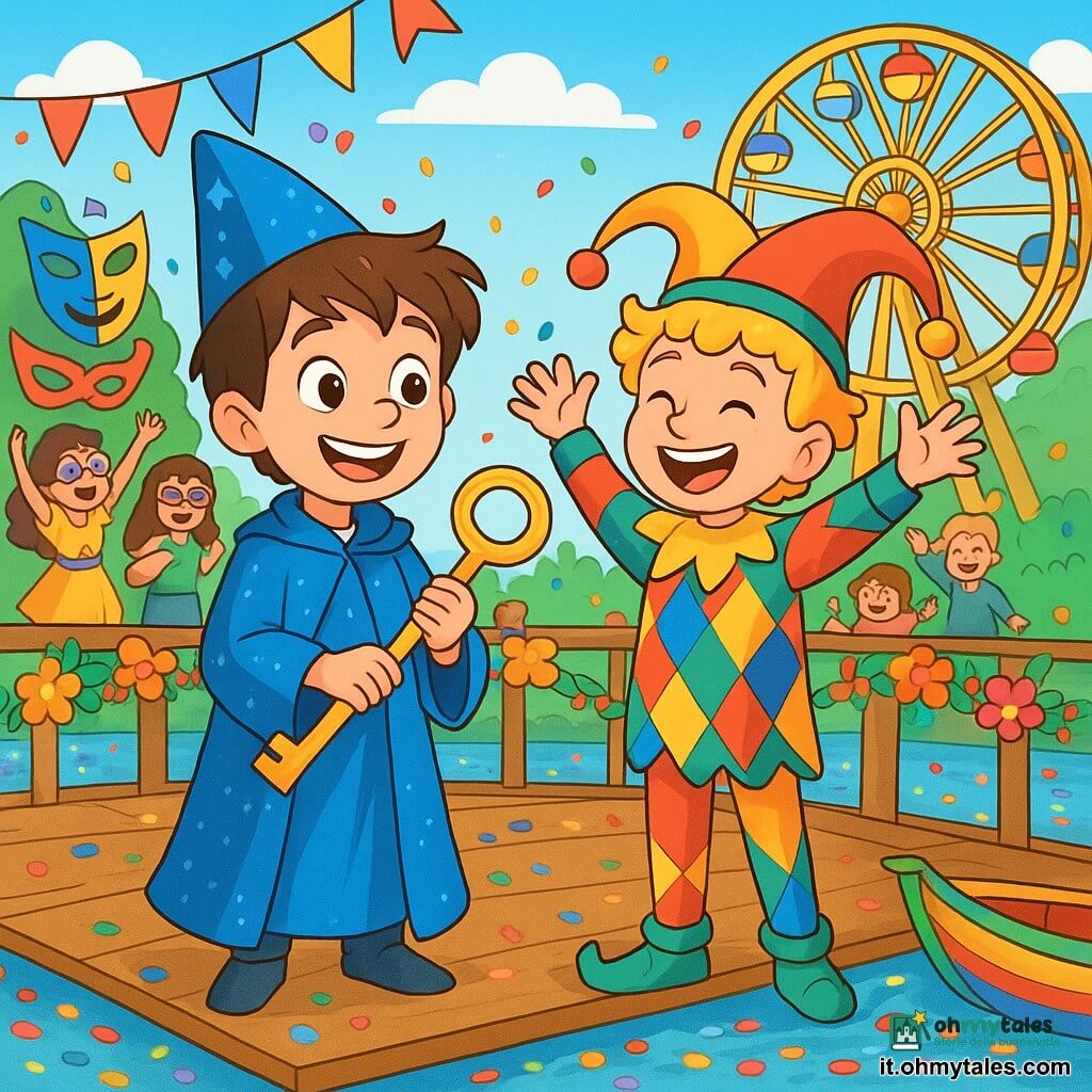 Un ragazzo di 8 anni, Mattia, con capelli castani disordinati e un grande sorriso, indossa un costume da piccolo mago blu con un mantello scintillante. Tiene in mano una grande vite dorata, con gli occhi brillanti di eccitazione e orgoglio. Accanto a lui, l'amico Leo, un ragazzo di 8 anni con capelli biondi ricci, indossa un costume da giullare colorato e lo incoraggia con un sorriso entusiasta, alzando le braccia. La scena si svolge su un ponte di legno decorato con ghirlande di fiori e luci scintillanti, con barche colorate che galleggiano in un canale pieno di coriandoli multicolori. Sullo sfondo, maschere festose e bambini ridono e ballano, creando un'atmosfera di festa vibrante. Mattia e Leo stanno preparando la grande ruota decorata per il carnevale, circondati da musica gioiosa e risate, mentre la ruota brilla sotto il sole, pronta per essere presentata durante la parata.