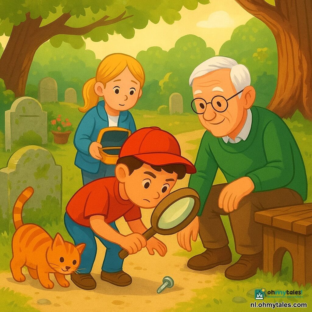 Een 6‑jarige jongen met kort bruin haar en een rode pet houdt een groot kartonnen vergrootglas, buigt nieuwsgierig en vastberaden om een glimmende schroef van een bril op te rapen; een oude man van ~70 jaar, witte haren en smalle bril — grootvader — knielt glimlachend naast hem met een hand op een houten bank en kijkt vriendelijk naar de schroef; Sara, een 6‑jarig meisje met blonde staart en blauwe jas, staat links achter de jongen en houdt een klein open koekblikje, licht verlegen maar opgelucht; een roodharige kat wrijft zich tegen een nabije grafsteen; locatie: klein dorpskerkhof met lichte aardeweg, oude met mos bedekte grafstenen, kleurrijke bloempotten, een grote eik met zichtbare wortels en een kleine stenen poort op een kier; hoofdtaferelen: de jongen vindt een brilschroef bij de eik terwijl de anderen rustig om hem heen staan, zonnige namiddag, zachte schaduwen, pasteltinten, duidelijke texturen; stijl: strakke vectorillustratie, warme verzadigde kleuren, ronde vriendelijke vormen, centrale compositie, leesbare gezichten en duidelijke gebaren.