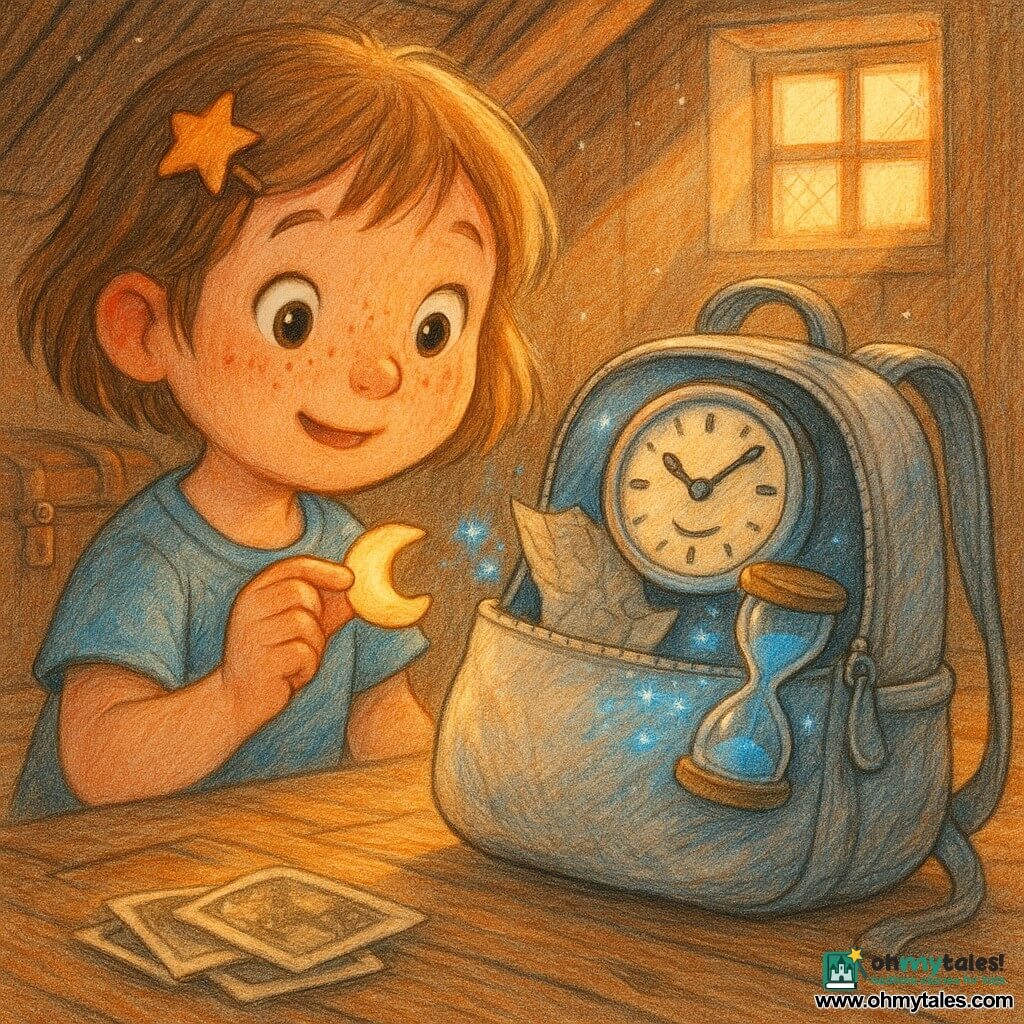 A 6-year-old girl named Luna with a round face, freckles, short light brown hair with a star barrette, an amazed gentle expression and big bright eyes holds a small moon-shaped button in her left hand and looks at a silver backpack; the backpack, shiny like polished metal, has a large round watch sewn on the front whose hand seems to smile, is open to reveal a crumpled paper map, a glass hourglass with blue sand and a dangling strap, and sits beside Luna like a companion; the attic setting is bathed in warm late-afternoon light with old wooden floorboards, a square skylight letting in sunbeams, fine cobwebs and floating dust, an old leather trunk and stacked black-and-white photos; Luna discovers the magical backpack on an attic step and gently presses the moon button with joyful curiosity as the watch hand points toward the skylight and small blue sparks float around the hourglass; colored-pencil style, soft strokes, warm colors with blue contrasts for magical elements, composition centered on Luna and the backpack, intimate enchanted atmosphere.