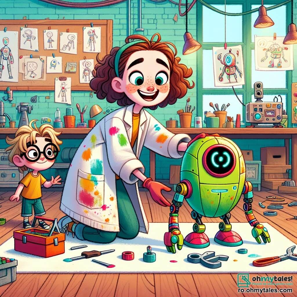 Ana, o tânără cu părul castaniu și creț, poartă o bluză de inventator plină de pete de vopsea. Ea are un zâmbet mare pe față, arătându-și bucuria și entuziasmul în timp ce asamblează un robot verde cu brațe lungi și o față rotundă. Lângă ea, Luca, un băiat de 8 ani cu părul blond în dezordine și ochelari, observă cu ochii mari, ținând o cutie de unelte colorate. Se află într-un atelier luminos și colorat, plin de mașini ciudate, schițe agățate de pereți și piese împrăștiate pe mese din lemn. Principala situație îi arată pe Ana și Luca finalizând robotul, privindu-l cu nerăbdare în timp ce începe să se miște, simbolizând creativitatea și prietenia lor.