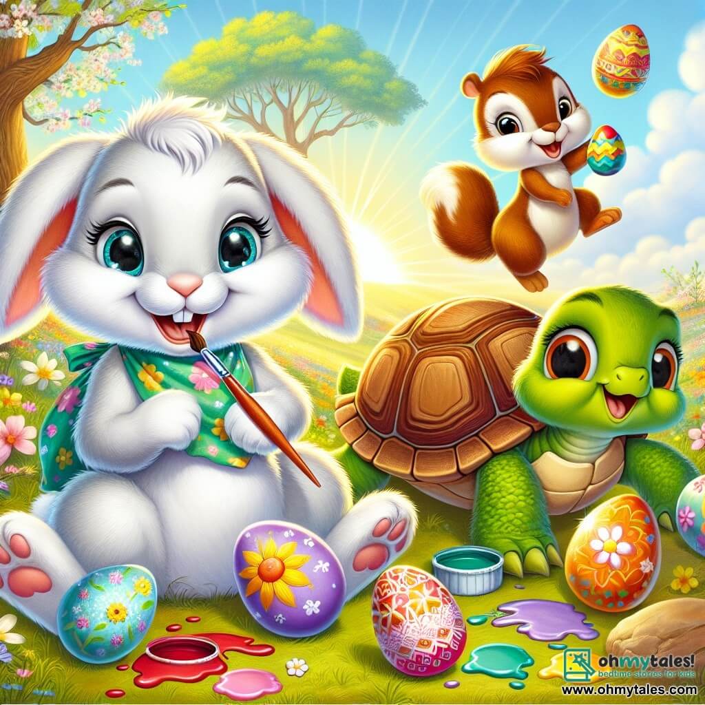 In the center of the image, a cheerful little rabbit named Benny, with soft white fur, sparkling blue eyes, and a fluffy tail, is enthusiastically painting colorful eggs. He is smiling widely, his ears perked up, holding a brush in one paw. Next to him, a wise turtle named Tilly, with a green shell adorned with floral patterns, observes with a kind smile, holding a decorated egg in her paws. She looks amused and proud to be part of this festive activity. A mischievous squirrel named Sammy, with brown fur and a bushy tail, is doing flips around them, laughing and splattering paint on the ground. His face is filled with joy and excitement. The setting is a beautiful sunny meadow sprinkled with colorful flowers swaying in the wind, with a majestic oak tree in the background. Painted eggs of all colors are scattered around them, creating a festive and joyful atmosphere. The main scene shows Benny, Tilly, and Sammy engaged in the Easter egg painting activity, surrounded by laughter and colors, capturing the spirit of camaraderie and joy of this special day.