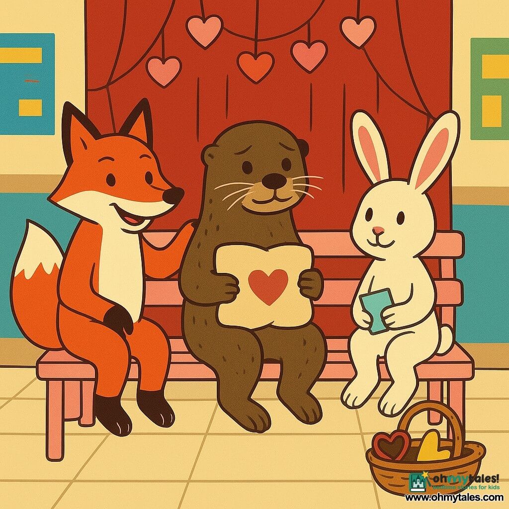 Pip, a juvenile otter sitting on a pale-pink painted wooden bench, looks tender with quivering whiskers and glossy brown fur, holding an embroidered cushion with a small red heart on his lap; Juniper, a red fox with mischievous eyes, grins and rests a paw on the bench back to Pip's left, shiny coat and playful confident pose; Basil, a small white rabbit with long pink ears, sits to Pip's right, shy but happy, holding a small card and touching a hidden shelf under the seat. In the background a dark-red curtain, paper heart garlands and a basket of props sit in the light-tiled hall of an animal school with colorful posters and warm overhead light. Main scene: three friends on the Friendship Throne decorated for Valentine's Day, intimate joyful moment, simple composition, flat contrasting colors, clean lines and warm, readable expressions.