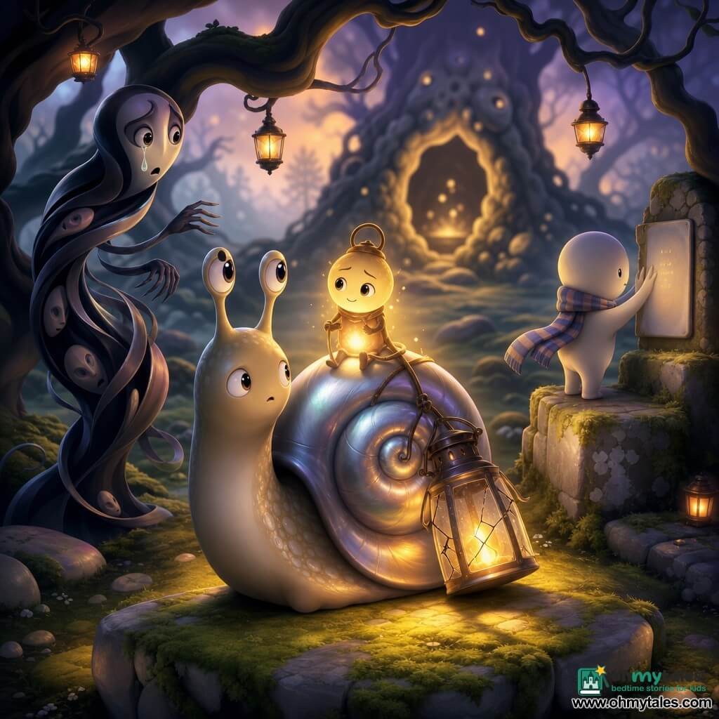 An anthropomorphic snail as the main character with a shiny spiral shell of pearly silver, a gentle face and wide attentive eyes, wearing a small broken lantern on its back and crawling slowly over a mossy stone; a personified living lantern perched on the shell with cracked glass emitting a flickering yellow‑orange glow, a tiny grateful face trembling but regaining strength as its light casts long reflections on the moss; a Weeper in the left background, a slender spectral silhouette of dark ribbons and nested pale faces, tormented and sad, halted before the group and shedding a bright tear; Thimble, a shy faceless creature with a striped scarf, stands to the right on a stone pedestal with hands on an empty plaque that begins to show faint letters, relieved and straightening; the setting is an ancient orchard at dusk with twisted gnarled trees, a carpet of green moss and lichen‑covered stones, hanging small lanterns and a dark opening to a luminous hollowed stump (Hollow of Echoes), misty atmosphere with strong contrasts of shadow and warm light; the main situation: the snail and lantern regain strength by sharing stories, the light grows and surrounding shadows soften, composition centered on the shell‑lantern with dramatic backlighting and textured details (moss, cracked glass, Weeper’s ribbons).