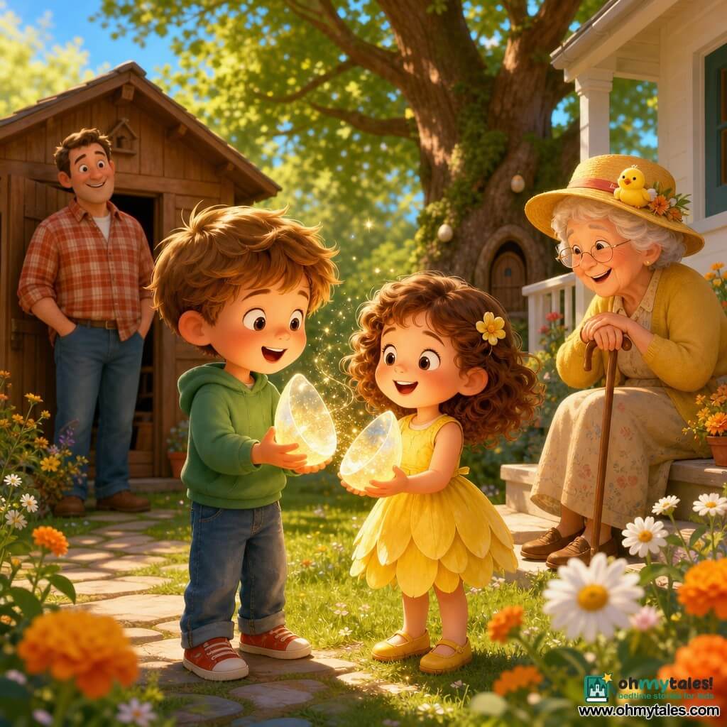 A joyful 6-year-old boy, Leo, with a round face and tousled light brown hair, holds one translucent half of a shimmering egg, while a delighted 5-year-old girl, Mia, with curly brown hair in a yellow dress, stands beside him holding the other half and smiling at him; nearby sits their softly wrinkled grandmother Nora, about 70, wearing a yellow hat with a small fabric chick and leaning on a cane, smiling, while their father in a plaid shirt stands amused by the wooden shed door; the scene is a bright spring garden with green grass, daisies and orange marigolds, a large oak with a small round door in its trunk to the right, a brown shed to the left, a stone path and a white porch, and warm morning light illuminates golden dust and sparkles drifting from the opened translucent egg, reflecting on faces and flowers, with saturated colors, soft gradients and a composition centered on the children and the glittering egg.