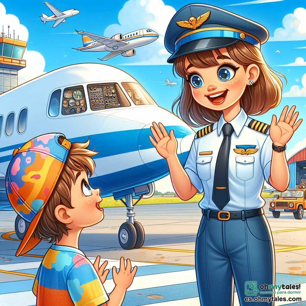 En primer plano, una mujer piloto sonriente, Carla, está de pie junto a su avión, "El Halcón". Lleva un uniforme de piloto azul con una gorra, y su cabello castaño está recogido en una coleta. Su rostro expresa alegría y emoción mientras hace un gesto amistoso con la mano hacia un niño pequeño. A su lado, Lucas, un niño de ocho años con una gran gorra y ojos brillantes, observa el avión con asombro. Lleva una camiseta colorida y un pantalón corto, y está de puntillas tratando de ver dentro de la cabina. El escenario se desarrolla en una pista de aeropuerto soleada, rodeada de hangares coloridos y algunas nubes blancas en un cielo azul brillante. Aviones de diferentes tamaños están estacionados al fondo, añadiendo a la atmósfera animada del aeropuerto. La situación principal muestra a Carla explicándole a Lucas cómo funciona su avión, con instrumentos brillantes y botones coloridos que brillan bajo el sol. Lucas, cautivado, escucha atentamente, soñando con convertirse en piloto algún día.