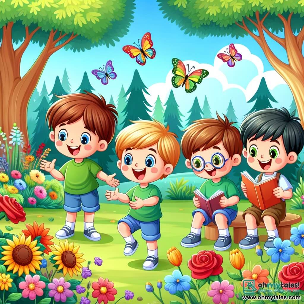 In an enchanted garden, four friends stand together, surrounded by colorful flowers that seem to whisper secrets. Leo, an 8-year-old boy with sparkling blue eyes and messy brown hair, joyfully smiles with open arms as if welcoming the world. Max, a 7-year-old boy, hops like a little bunny with blonde hair and rosy cheeks, wearing a bright green t-shirt. Sam, a 9-year-old boy with round glasses and brown hair, curiously examines a flower, looking thoughtful. Timmy, a 10-year-old boy, sits in a special chair with black hair and a big smile, holding a storybook on his lap. The garden is filled with vibrant flowers—red roses, yellow sunflowers, and delicate violets—swaying gently in the breeze. In the background, majestic trees rise towards the sky, their leaves rustling like whispers. The friends listen attentively to the flowers sharing tales of happiness and friendship, creating a magical and warm atmosphere where every laugh and word resonates like a sweet melody.