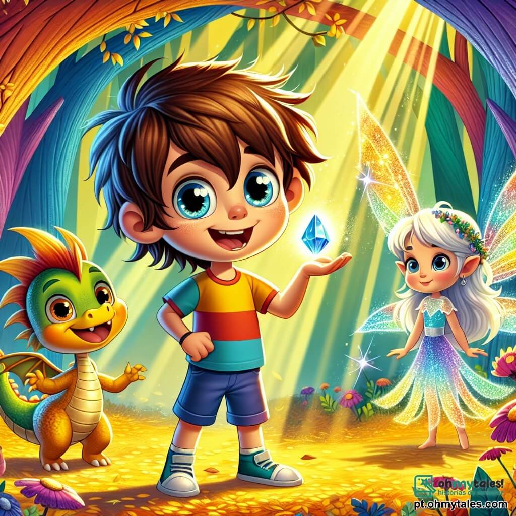 Um garoto de 8 anos, Léo, com cabelos castanhos bagunçados e olhos brilhantes de curiosidade, está no centro da cena, sorrindo entusiasmado. Ele usa uma camiseta colorida e um short, segurando um pequeno cristal azul brilhante que ilumina seu rosto com um brilho mágico. Ao seu lado, um dragão em miniatura chamado Fogo, com escamas douradas e olhos travessos, bate as asas alegremente, pronto para voar. Um pouco mais longe, uma pequena fada chamada Lila, com asas translúcidas cintilantes e um vestido feito de pétalas de flores, os observa com um sorriso caloroso, as mãos na cintura. A cena se passa em uma floresta encantada, onde árvores de troncos multicoloridos se erguem em direção ao céu e flores vibrantes dançam ao vento. Raios de sol penetram através da folhagem, criando um jogo de sombras e luzes no chão coberto de folhas douradas. Léo, Fogo e Lila estão diante de um grande cristal cintilante, símbolo de sua amizade, enquanto uma sombra ameaçadora se perfila no horizonte, anunciando um desafio por vir. A atmosfera é mágica e cheia de suspense, pronta para revelar as aventuras que os aguardam.