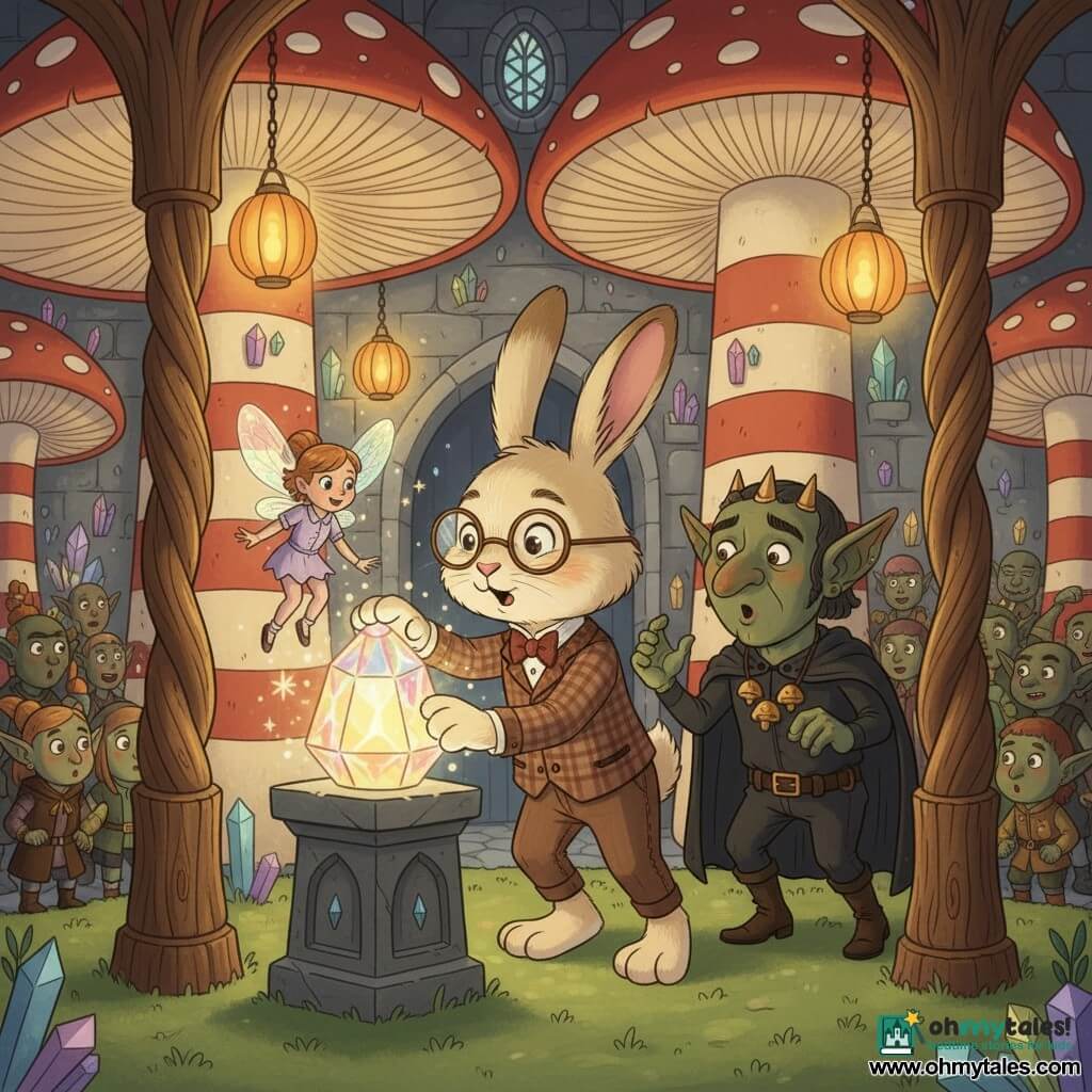 The main character is an anthropomorphic bunny gentleman with cream fur, wearing a brown check vest and round glasses, looking amazed and determined with his paws on a stone pedestal as he touches a large sparkling gem; a tiny fairy with iridescent translucent wings and a light purple outfit floats at shoulder height beside him, joyfully sprinkling magical dust; the goblin king, a tall but nonthreatening figure with dark green skin, a black cloak and a necklace of small golden mushrooms, wears a softened surprised expression and steps back near the pedestal; the setting is a grand castle hall formed of giant mushrooms with red-and-white striped caps, stone walls studded with multicolored crystals, hanging pumpkin lanterns, green moss carpets and twisted wooden columns; the bunny activates the Crystal of Clarity on the pedestal, warm multicolored light floods the room and goblins and creatures gather in the background in a magical urban-fairy atmosphere.