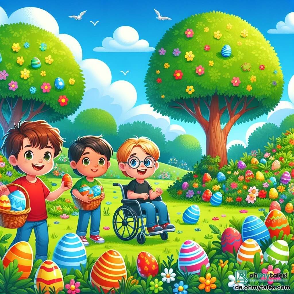 In einem sonnigen Park sind drei Freunde versammelt, um Ostereier zu suchen. Max, ein 8-jähriger Junge mit zerzausten braunen Haaren und einem roten T-Shirt, hält ein großes, buntes Ei in seinen Händen und lächelt begeistert. Neben ihm steht Leo, ein 7-jähriger Junge mit blonden Haaren und runden Brillen, der neugierig auf ein hinter einem Baum verstecktes Ei zeigt. Schließlich sitzt Ben, ein 9-jähriger Junge mit kastanienbraunen Haaren und einem warmen Lächeln, in seinem Rollstuhl, umgeben von bunten Blumen, und hält einen Korb voller bunter Eier.

Der Park ist grün, mit majestätischen Bäumen, leuchtenden Blumen und einem klaren blauen Himmel, der mit flauschigen weißen Wolken gesprenkelt ist. Glänzende Ostereier, bemalt in Gelb, Blau, Rot und Grün, sind im Gras und hinter den Büschen versteckt.

Die drei Freunde haben Spaß beim Suchen der Eier, lachen und ermutigen sich gegenseitig, was eine fröhliche und festliche Atmosphäre voller Kameradschaft und Entdeckungen schafft.
