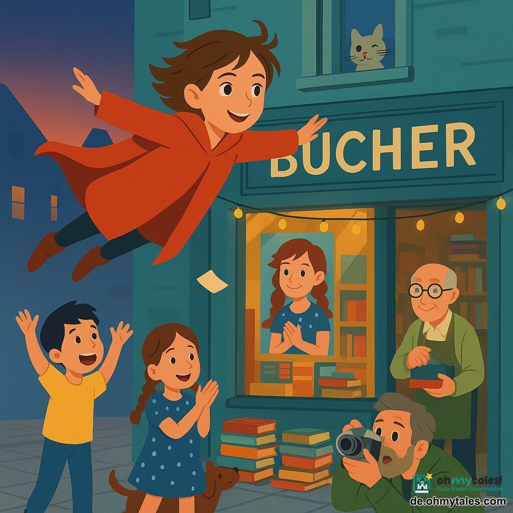 Heldin (Mädchen, ca. 12) mit lächelndem, konzentriertem Gesicht, zerzausten hellbraunen Haaren, trägt einen großen rot-orange Mantel, der sich in einen weichen fliegenden Teppich verwandelt; sie schwebt einige Zentimeter über einem Holzbalkon in dynamischer Pose, Arme ausgestreckt, Augen mutig glänzend. Junge (ca. 8) mit gelbem T‑Shirt und kurzen schwarzen Haaren steht links unten auf dem Bürgersteig, Hände erhoben, staunendes offenes Gesicht. Mädchen (ca. 7) in blauem Kleid mit weißen Punkten und braunen Zöpfen klatscht und hält einen wedelnden kleinen braunen Hund vor dem Buchladeneingang. Fotograf (Mann, ca. 50) in grüner Jacke mit großer silberner Kamera steht rechts auf der Straße, macht ein Foto, überrascht, leicht angewinkelte Knie. Alter Buchhändler (Mann, ca. 60) im Inneren sichtbar durch die offene Tür, runde Brille, beiger Schürze, erleichterter Blick, ordnet rechts im Eingang Bücher. Schaufenster zeigt eine große illustrierte Werbetafel mit stilisiertem Portrait der Heldin; im zweiten Stock blinzelt eine kleine graue Katze aus dem Fenster. Ort: gemütliche Quartierstraße bei Dämmerung, gepflastert, bunt stapelte Bücher vor einem pastellgrün gestrichenen Holzladen, gelbe Lichterketten und Papierplakate wehen leicht im Wind. Szene: die Heldin hebt sich wie ein lebendiges Poster vom Mauerwerk ab, ihr Mantel wird zum fliegenden Teppich, der sie zu einem großen Bücherhaufen trägt; unten jubeln die Kinder, der Fotograf fotografiert, die Katze blinzelt — komische, helle, bewegte Stimmung.