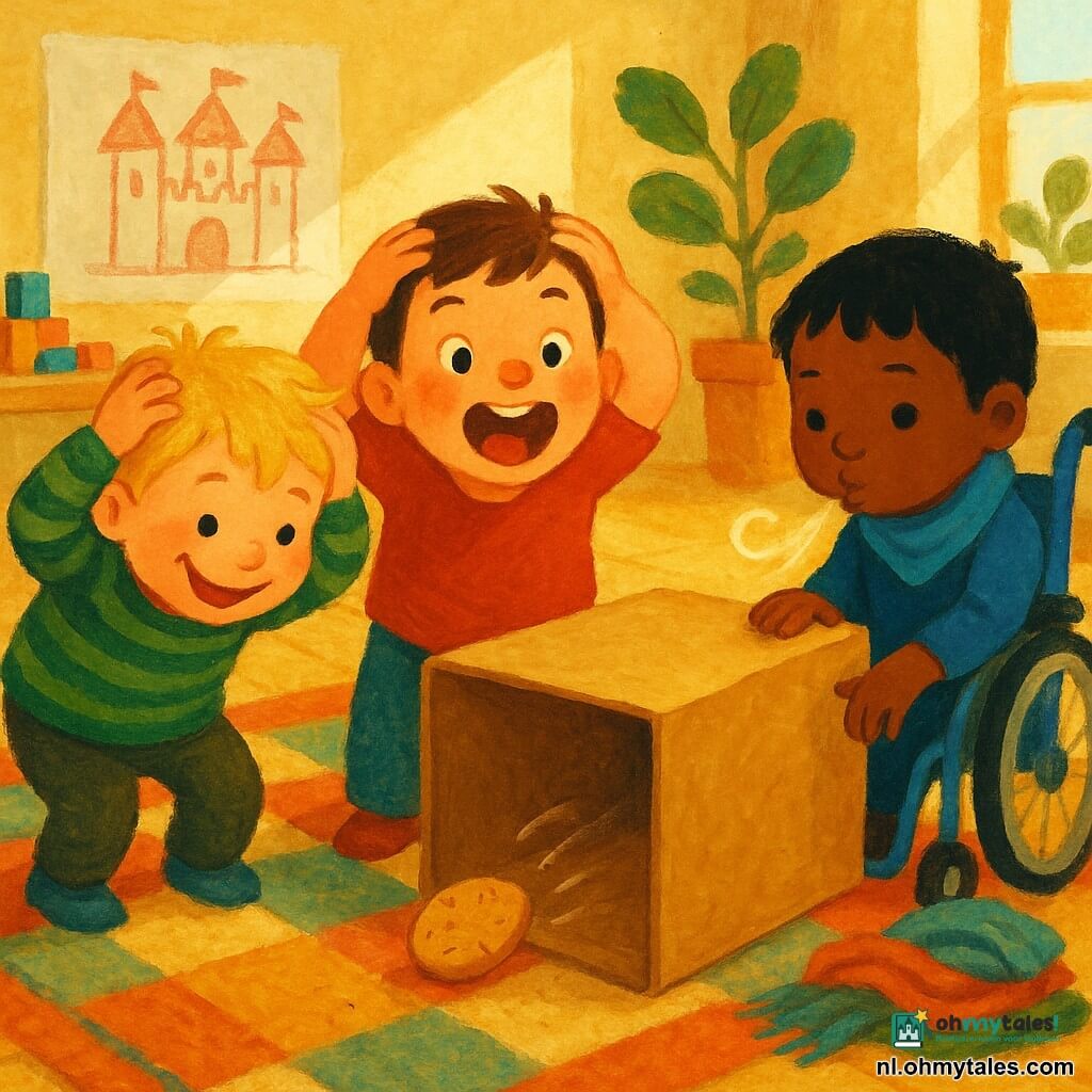 Drie kinderen: Mats, jongen 3 jaar, warrig blond haar, rond gezicht en ondeugende glimlach, groen gestreept truitje, links gebogen als een pinguïn met handen op het hoofd; Bo, jongen 3 jaar, kort bruin haar, blozende wangen, rood T‑shirt, midden met handen op het hoofd en open mond klaar het koekje te vangen; Kian, jongen 3 jaar, stijl zwart haar, in een blauw gekleurde rolstoel, blauwe sjaal, rechts met hand op een grote kartonnen doos als tunnel, geconcentreerd blazend om het koekje te laten schuiven. Speelkamer: zonnig, groot geometrisch vloerkleed, tafel met gekleurde blokken, teken van een kasteel aan de muur, plant bij het raam en stapel zachte sjaaltjes; warme lichtinval en zachte schaduwen. Situatie: ze doen de “koekje zonder handen”-uitdaging: een lichtbruin koekje schuift door de kartonnen tunnel, halverwege zichtbaar met kleine bewegingslijntjes, lichte witte ademwolkjes; vrolijke, geconcentreerde sfeer, levendige kleuren en dikke gouachetexturen.