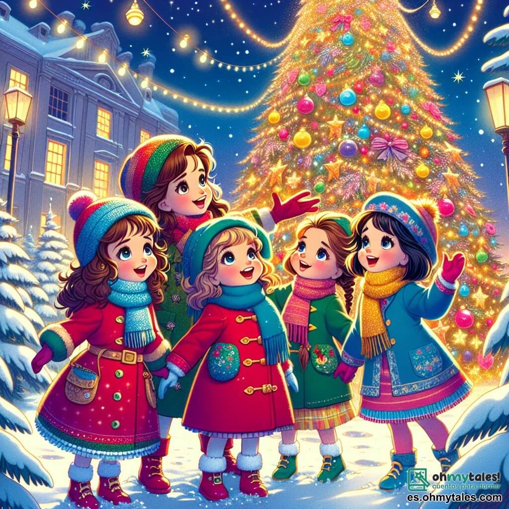 Cuatro niñas, Sofía (8 años, cabello castaño y rizado, con un abrigo rojo), Ana (7 años, cabello rubio y liso, con un gorro azul), Lucía (6 años, cabello castaño y trenzado, vestida con una bufanda verde) y Carla (9 años, cabello negro y corto, con un suéter amarillo), están juntas al pie de un enorme árbol de Navidad iluminado, con sus rostros radiantes de asombro. El árbol está decorado con guirnaldas brillantes, bolas de colores y estrellas doradas, rodeado de una capa de nieve recién caída que brilla bajo las luces. En el fondo, casas con techos nevados y copos de nieve caen suavemente del cielo estrellado. Las niñas, un poco perdidas pero felices, descubren un pequeño duende sonriente que las ayuda a encontrar a sus mamás. La atmósfera es mágica, llena de alegría y espíritu navideño.