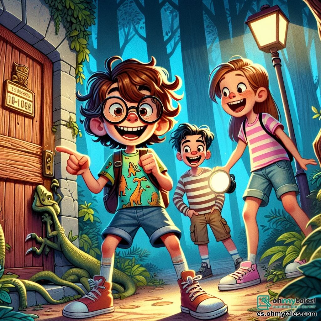Un chico de 12 años, Lucas, con cabello rizado castaño y gafas redondas, muestra una gran sonrisa de emoción. Lleva una camiseta colorida con motivos de dinosaurios y un pantalón corto de mezclilla. Lucas está señalando una vieja puerta de madera, llena de misterio, con una mirada maravillada. A su lado, su mejor amiga Martina, una chica de 11 años con cabello largo y liso recogido en una coleta alta, ríe mientras sostiene una linterna. Ella lleva una camiseta sin mangas rosa y un pantalón corto con flores, inclinándose ligeramente hacia adelante, intrigada por el descubrimiento. Detrás de ellos, Tomás, un chico de 12 años, alto y delgado, con una sonrisa traviesa, está haciendo una mueca cómica, añadiendo un toque de humor a la escena. Lleva una camiseta a rayas y un pantalón cargo. La escena tiene lugar en un parque misterioso, al caer la noche, donde las luces de las farolas brillan como estrellas. Árboles majestuosos rodean el antiguo pabellón cubierto de hiedra, creando una atmósfera mágica e intrigante. La situación principal muestra a Lucas y sus amigos descubriendo una puerta misteriosa en un viejo pabellón, listos para vivir una emocionante aventura, llena de risas y sorpresas.