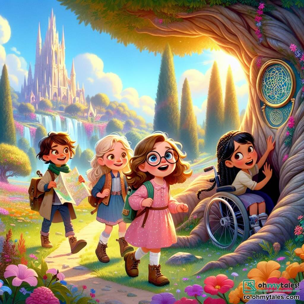 Într-un parc însorit, patru mici aventuriere se pregătesc să exploreze o lume magică. Alice, o fetiță de 8 ani cu părul brun și ochelari rotunzi, zâmbește ținând o hartă colorată în mâini. Mira, o fetiță de 7 ani cu părul blond și creț, sare de bucurie în rochia ei roz cu buline albe. Iulia, o fetiță de 6 ani cu părul negru și o împletitură, este ghemuită în spatele unui copac mare, ascunsă dar zâmbind. Sora, o fetiță de 9 ani în scaun cu rotile, se află în centru, privind curios spre un copac bătrân. Parcul este plin de flori colorate și copaci măreți, iar la orizont, un drum șerpuit duce spre o poartă misterioasă strălucitoare. Cele patru prietene descoperă o piatră magică care le transportă într-un regat fermecat, unde trebuie să găsească flori magice pentru a se întoarce acasă.