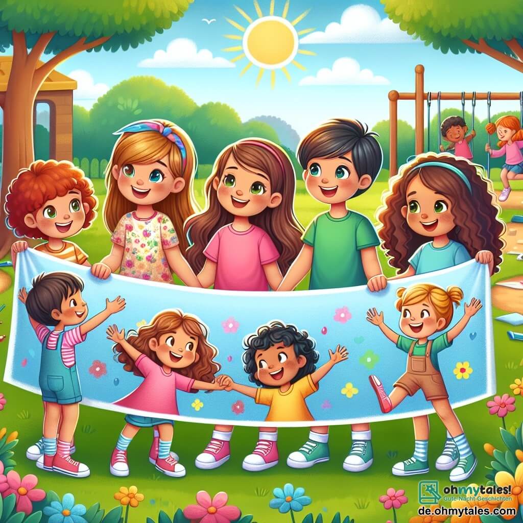 Im Mittelpunkt des Bildes stehen vier neunjährige Mädchen zusammen, lächelnd und fröhlich. Mia, ein Mädchen mit braunem, lockigem Haar, trägt ein pinkes T-Shirt und eine blaue Shorts. Rechts von ihr ist Sara, ein Mädchen mit blondem, glattem Haar, das ein gelbes Blumenkleid trägt. Links steht Leni, ein Mädchen mit kastanienbraunem, welligem Haar, das ein grünes T-Shirt und eine Jeans trägt. Schließlich steht Amir, ein neunjähriger Junge mit schwarzen, lockigen Haaren, in der Mitte, strahlend vor Glück, in einem blauen T-Shirt und beigen Shorts. Der Hintergrund zeigt einen sonnigen Park mit üppigen grünen Bäumen, bunten Blumen und einem klarblauen Himmel. Im Hintergrund sind eine Schaukel und eine Rutsche zu sehen, während eine Gruppe von Kindern fröhlich spielt. Die Hauptsituation zeigt die vier Freunde, die ein großes, buntes Plakat erstellen, auf dem sie Kinder unterschiedlicher Herkunft, die zusammen spielen, zeichnen. Sie lachen und tauschen Ideen aus, was ihre Botschaft von Freundschaft und Akzeptanz verdeutlicht, während Amir in der Mitte sich endlich einbezogen und glücklich fühlt.