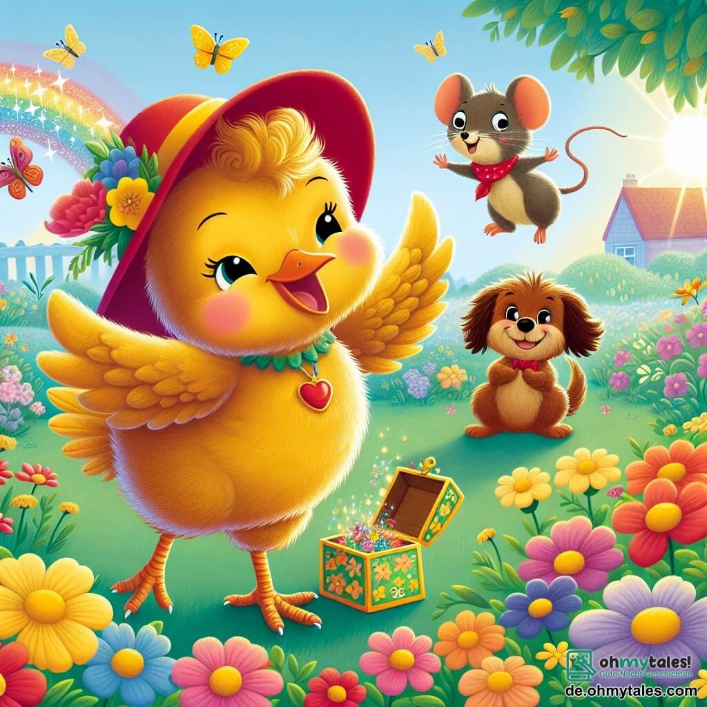 Eine fröhliche Henne namens Henrietta mit glänzendem goldenen Gefieder und einem bunten kleinen Hut tanzt begeistert inmitten eines blühenden Gartens, ihr Gesicht strahlt vor Glück. Neben ihr beobachtet eine schlaue kleine Maus namens Max mit großen funkelnden Augen und einem roten Schal neugierig, während ein lustiger Hund namens Hugo mit braunem Fell und großen hängenden Ohren fröhlich im Hintergrund springt. Der Garten ist mit leuchtenden Blumen in allen Farben gefüllt, Schmetterlinge fliegen um sie herum, und sanftes Sonnenlicht erhellt die Szene. Henrietta hat gerade eine geheimnisvolle Box entdeckt, die sich geöffnet hat und schimmernde Regenbögen freisetzt, wodurch eine magische und fröhliche Atmosphäre entsteht.