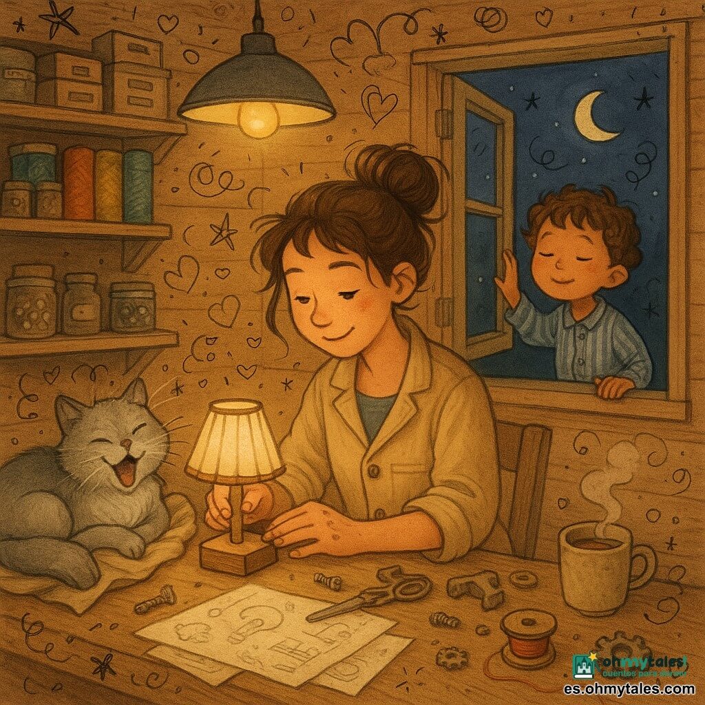 Luna, inventora sonriente y concentrada con el pelo castaño en un moño despeinado y manchas de lápiz en los dedos, viste una chaqueta de lona beige y ensambla delicadamente una pequeña lámpara de madera y tela sobre su mesa; a la izquierda, Nube, un gato gris de ojos verdes, duerme enroscado sobre trapos suaves y mira la lámpara bostezando; a la derecha, un niño de unos seis años de cabello rizado y pijama de rayas azules está en la ventana abierta con la mano en el cristal, maravillado y medio dormido; el taller de madera cálida tiene estanterías con cajas y rollos de tela colorida, tazas de té, una lámpara colgante que proyecta luz amarilla suave y bocetos y piezas recicladas sobre la mesa; escena nocturna tranquila en tonos cálidos y texturas de madera y tela, con pequeñas ilustraciones superpuestas (estrellas, nubes, herramientas) que refuerzan que Luna crea una luz de noche para ayudar al vecindario a dormir mejor.