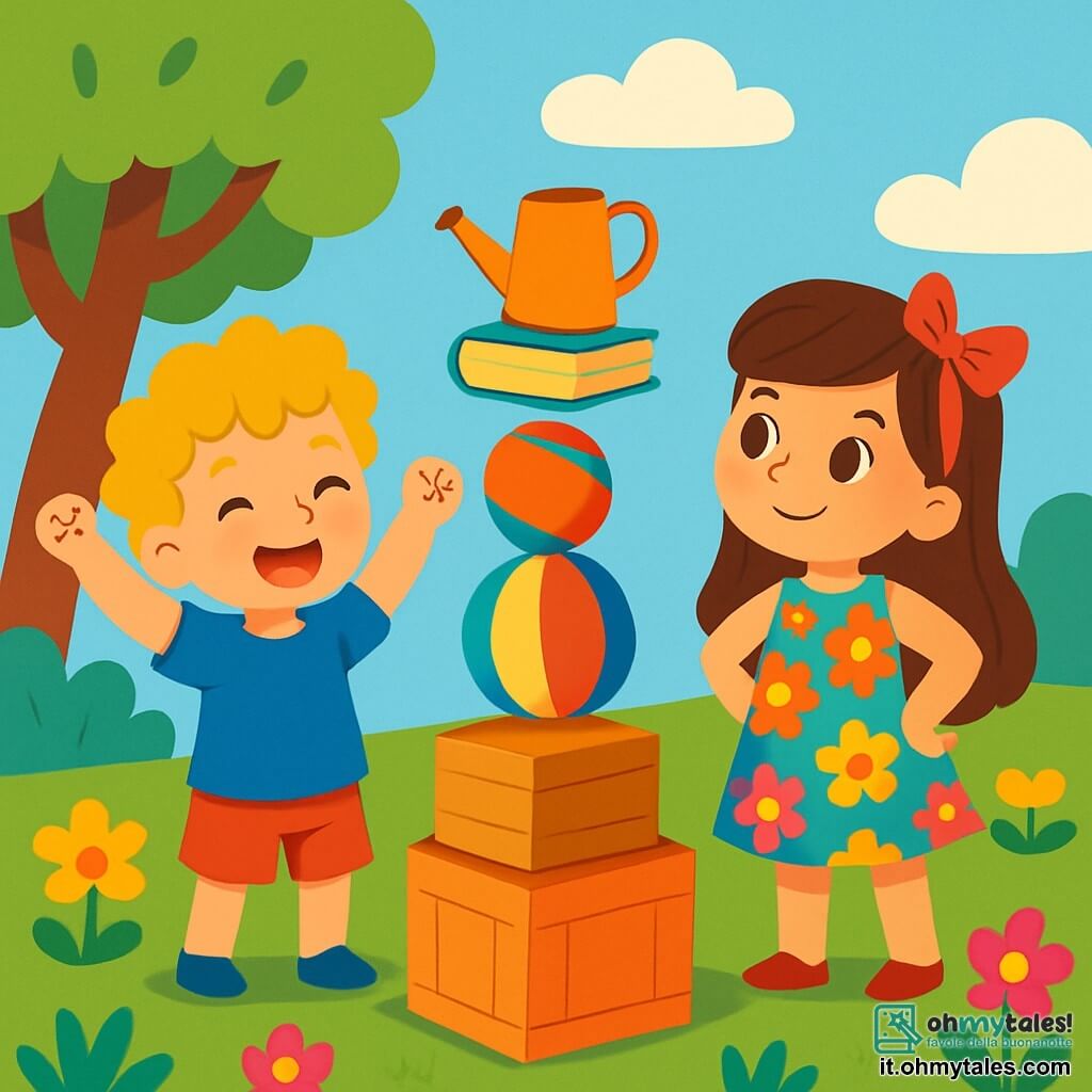 Ci sono 2 personaggi principali: Marco, un ragazzo di 7 anni con capelli ricci e dorati, indossa una maglietta blu e pantaloni rossi. Sorride con le braccia alzate vicino alla torre che hanno costruito. Lucia, una ragazza di 6 anni con lunghi capelli castani e un grande fiocco rosso, indossa un vestito a fiori colorati. È accanto a Marco, con le mani sui fianchi, guardando la torre con orgoglio. La scena si svolge in un giardino soleggiato pieno di fiori dai colori vivaci. Marco e Lucia hanno costruito una torre alta e instabile con oggetti vari, mentre il vento la fa oscillare e i due amici ridono e applaudono, orgogliosi della loro impresa.