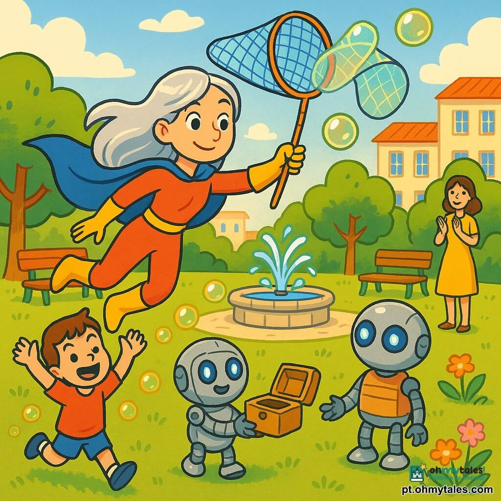 Mulher super-heroína de cabelos longos prateados brilhantes como a lua, capa azul esvoaçante e sorriso suave, segurando uma grande rede colorida para apanhar bolhas luminosas sobre um parque; robô tímido, pequeno, redondo, metal com olhos LED azuis e carcaça em madeira clara, segurando uma caixa aberta junto a uma fonte no centro; menino de 6 anos, cabelo castanho curto, rosto ridente, correndo à esquerda do robô deixando rastros de bolhas douradas com os braços erguidos; mulher adulta ~30 anos de vestido amarelo aplaudindo junto a um banco; parque ensolarado e colorido com relva verde, flores rosas e laranjas, fonte de pedra com salpicos desenhados, árvores arredondadas, bancos de madeira e prédios baixos com persianas azuis; cena centrada, ligeira perspetiva em plongée, atmosfera alegre e segura, super-heroína recupera suavemente bolhas translúcidas com reflexos verdes e dourados, traço nítido e cores vivas em estilo banda desenhada.