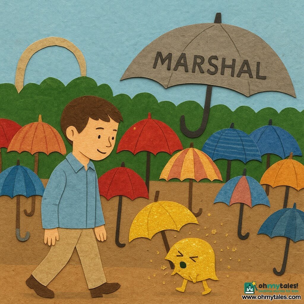 A calm smiling 10-year-old boy with short brown hair, a pale blue jacket and beige pants, hands at his sides and a focused look, walks slowly at the head of a parade of parasols; a small yellow umbrella that sneezes, made of crinkled glittered paper and casting sparkling droplets, sits near the boy; a large solemn gray "MARSHAL" umbrella floats above the crowd; dozens of parasols of various sizes and colors (red, blue, polka-dotted, striped) stand like flowers in neat rows, some tilting, some opening or closing; the scene is set in a field of parasols with a brown torn-paper ground, stylized hedges and an arch of crossed handles in the background, a plain blue paper sky, centered composition, visible cut edges, collaged textures and scattered tiny glitter.