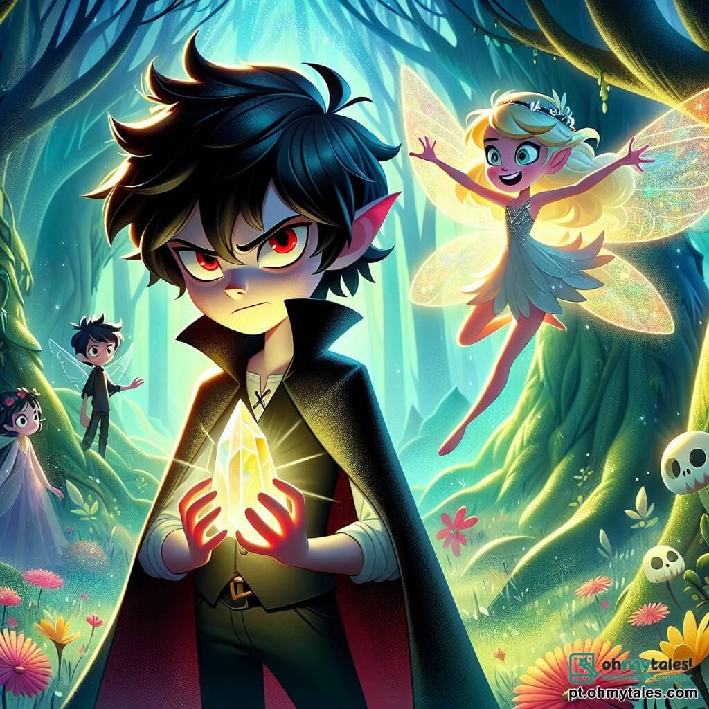 No centro da imagem, Hugo, um jovem vampiro de 12 anos, está com uma expressão de determinação no rosto. Ele tem cabelos negros desgrenhados, olhos vermelhos brilhantes e usa uma capa preta que flutua levemente ao seu redor. Ele segura um cristal luminoso nas mãos, irradiando uma luz suave e acolhedora. Ao seu lado, Lira, uma pequena fada com cabelos dourados e asas cintilantes, voa alegremente. Ela tem cerca de 10 anos, um sorriso radiante no rosto, e aponta para o cristal, como se estivesse encorajando Hugo a usá-lo. Ao fundo, a floresta encantada é retratada com árvores gigantes e folhas brilhantes em tons de esmeralda e safira. Flores luminosas e criaturas mágicas, como duendes e animais fantásticos, adicionam um toque de magia ao ambiente. A cena principal mostra Hugo e Lira se preparando para enfrentar uma ameaça sombria, com sombras ameaçadoras se perfilando atrás das árvores, criando um contraste entre a luz do cristal e a escuridão ao seu redor.