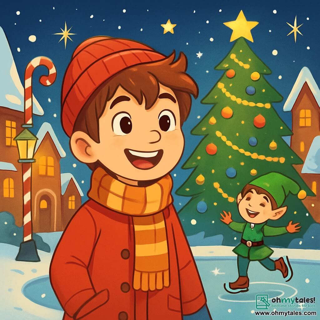 A 12-year-old boy, Oliver, with messy brown hair and sparkling curious eyes, stands in the center of a magical Christmas town. He wears a bright red coat, a striped wool scarf, and a knitted hat. His face expresses wonder and joy as he looks around with a big smile. Nearby, a 10-year-old boy, dressed in a green elf hat and a velvet tunic, joyfully skates on a frozen pond, laughing and twirling, surrounded by gently falling sparkling snowflakes. The setting is an enchanted town with gingerbread houses topped with snow, candy cane-shaped lampposts, and a large illuminated Christmas tree in the center of the square, decorated with golden garlands and colorful baubles. Stars shine in a starry night sky. The main scene shows Oliver, amazed, discovering this fairy-tale world, while snowflakes dance around him, creating a festive and magical atmosphere.