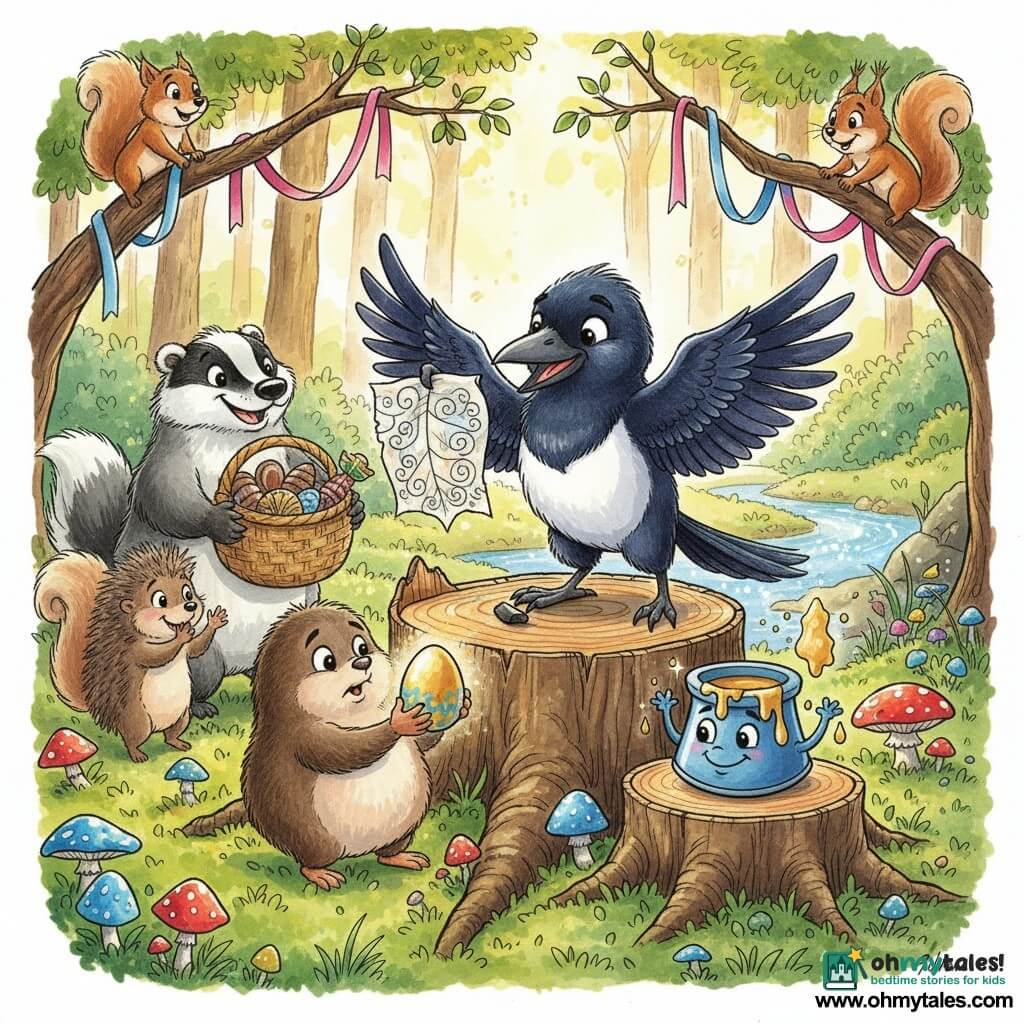 Pip, a young anthropomorphic magpie with glossy black feathers and a milk-white belly, proud warm gaze, wings half-open, sits on a stump holding a birch leaf with an unfinished drawing and a piece of charcoal; beside him a small round furry brown mole, shy and amazed, gently holds a gold-painted stone egg that emits a soft glow; Puddlepot, a blue paint pot with a smiling face and floating gold droplets, sits on a log table and shimmers; background animals include a smiling burly badger with a basket of chocolates, a hedgehog clapping with a ball of twine, and squirrels hanging ribbons; the scene is a mossy wooded clearing with a log table, an arch of pink and blue ribbons, colorful mushrooms, a sparkling stream and golden morning light; it's Easter morning—an egg hunt and "thank-you" ceremony as Pip presents the group drawing while the mole discovers the glowing egg, joyful atmosphere, vivid colors, ink-and-wash textures, composition centered on the stump and luminous egg.