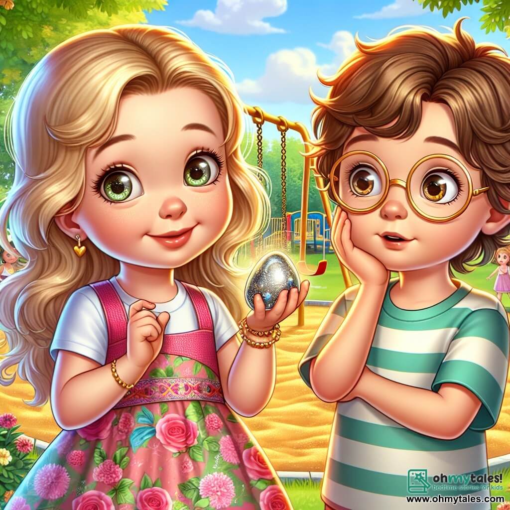 A 4-year-old girl named Lily, with long blonde hair and sparkling eyes, stands in the center of the image, a shy smile on her face, holding a shiny little pebble in her hand. She wears a colorful dress with floral patterns. Next to her is her friend Max, a 4-year-old boy with messy brown hair and round glasses, looking at the pebble with curiosity, arms crossed, displaying a surprised expression. The setting is a beautiful sunny park filled with greenery, with swings and a slide in the background, and a large golden sandbox where other children are playing joyfully. The scene shows Lily and Max talking, with Lily appearing hesitant while Max, intrigued, waits for a response, illustrating the moment when Lily must decide whether to tell the truth about the pebble she found.