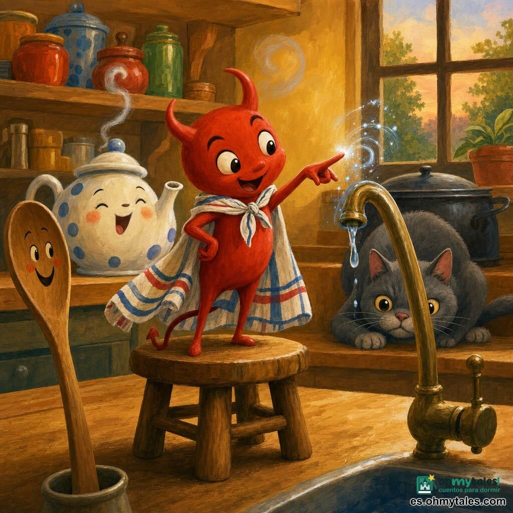 Tizón es un pequeño insecto rojo con cuernitos suaves y cola en gancho, de expresión traviesa y alegre, que, con una capa hecha de un paño a rayas, está de pie sobre un taburete de madera haciendo un gesto de mago mientras toca un grifo; a su izquierda hay una cuchara de madera con una carita pintada como espectadora, detrás de él una tetera blanca con manchas azules silba y echa un pequeño humo, y al fondo aparece un gato gris de ojos curiosos junto a una olla de hierro en una cocina acogedora con encimera de madera clara, paredes ocres, estantes con frascos de colores y una ventana cuadrada que deja entrar una luz suave de atardecer, creando una escena divertida, segura y llena de detalles lúdicos.