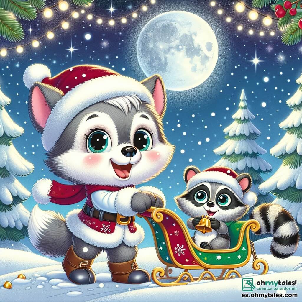 Lucas, un pequeño lobo de pelaje gris y ojos llenos de curiosidad, está alegremente frente a un brillante trineo de Navidad, sonriendo. Está empujando el trineo, rodeado de copos de nieve que caen suavemente. A su lado, Miguel, un pequeño mapache con rayas negras y blancas, observa con ojos desorbitados y emoción, sosteniendo una pequeña campana dorada. El escenario es una colina nevada, con pinos decorados con luces brillantes al fondo. El cielo es de un azul profundo, salpicado de estrellas brillantes, y la luna ilumina la escena con una suave luz plateada. Lucas y Miguel trabajan juntos para despejar el trineo de Santa Claus, cubierto de nieve, simbolizando el espíritu de ayuda y magia navideña.