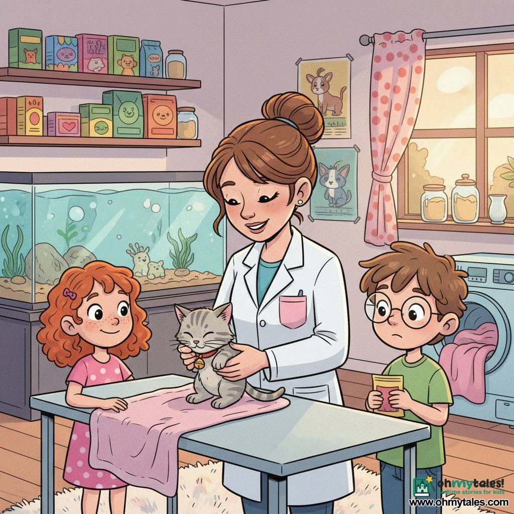 A kind smiling female veterinarian with brown hair in a bun and a white coat with a pink pocket gently examines a small gray tabby kitten named Whiskers on an exam table while an enthusiastic redheaded girl of about eight rests her hand on a clean blanket to the left and a worried-then-relieved brown-haired bespectacled boy holds a small bag of kibble to the right; in the warm afternoon light through a polka-dot curtain, a bright aquarium, animated animal posters, labeled food jars on shelves, and an open washing machine with a pink blanket form a reassuring, cozy clinic scene with visible textures of soft fur, plush fabric, and metal.