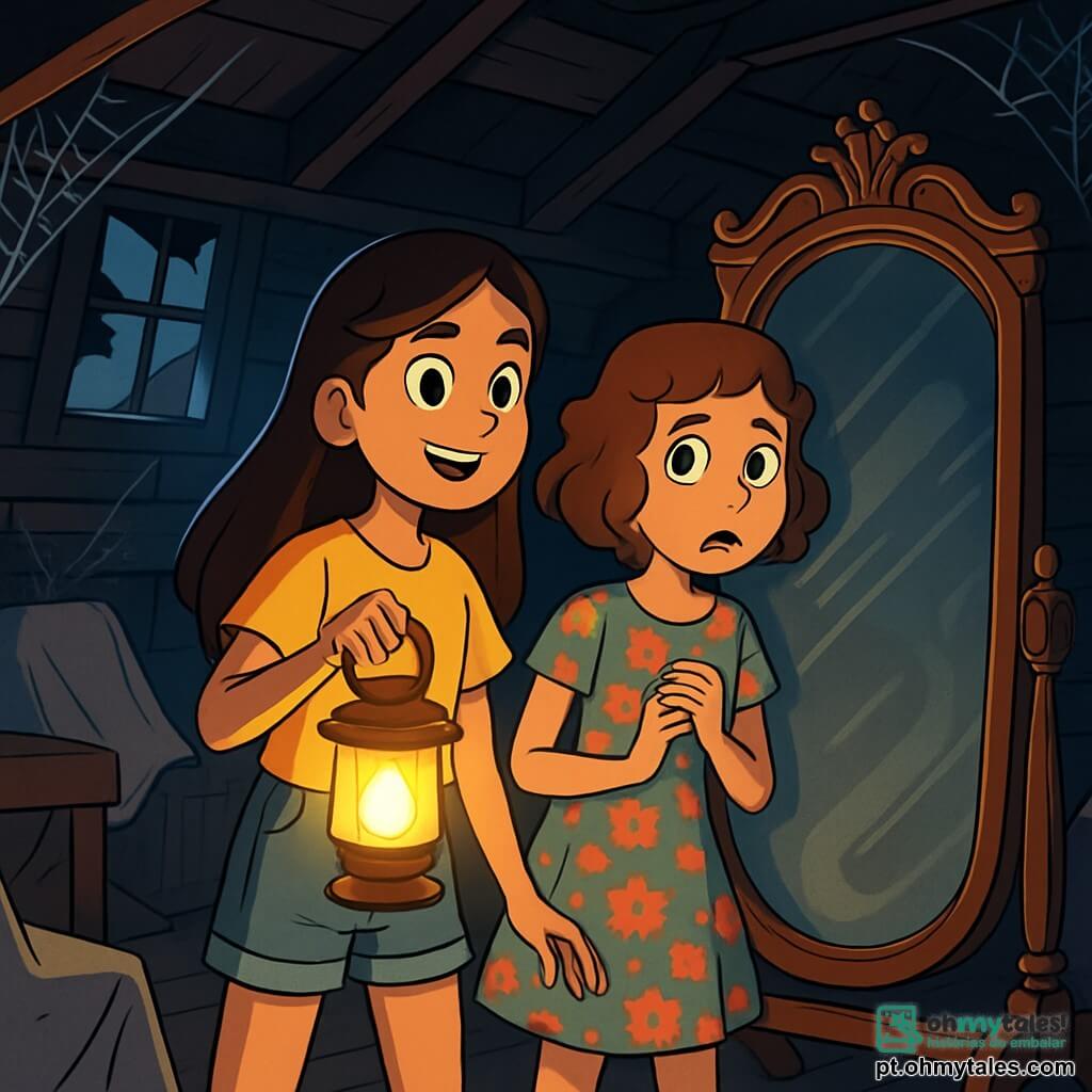 Há 2 personagens principais: - Júlia: uma garota de 12 anos, com longos cabelos castanhos e olhos cheios de curiosidade. Ela usa uma camiseta amarela e um short jeans, segurando uma lanterna acesa na mão direita. - Mariana: uma garota de 12 anos, com cabelos curtos e cacheados, de cor castanho claro. Ela tem olhos verdes e usa um vestido florido. Ela está ao lado de Júlia, olhando com apreensão para a porta do velho sótão. O cenário se passa em um velho sótão escuro e empoeirado, cheio de teias de aranha e móveis cobertos com lençóis brancos. Raios de luz filtram através de janelas quebradas, iluminando sombras inquietantes nas paredes de madeira. Um grande espelho antigo, com moldura de madeira esculpida, está no centro, refletindo uma luz misteriosa. A situação principal da história mostra Júlia e Mariana, paradas em frente ao espelho, com os rostos expressando curiosidade e apreensão. O espelho parece vibrar levemente, projetando sombras estranhas ao redor delas, enquanto se preparam para descobrir os segredos ocultos da casa.