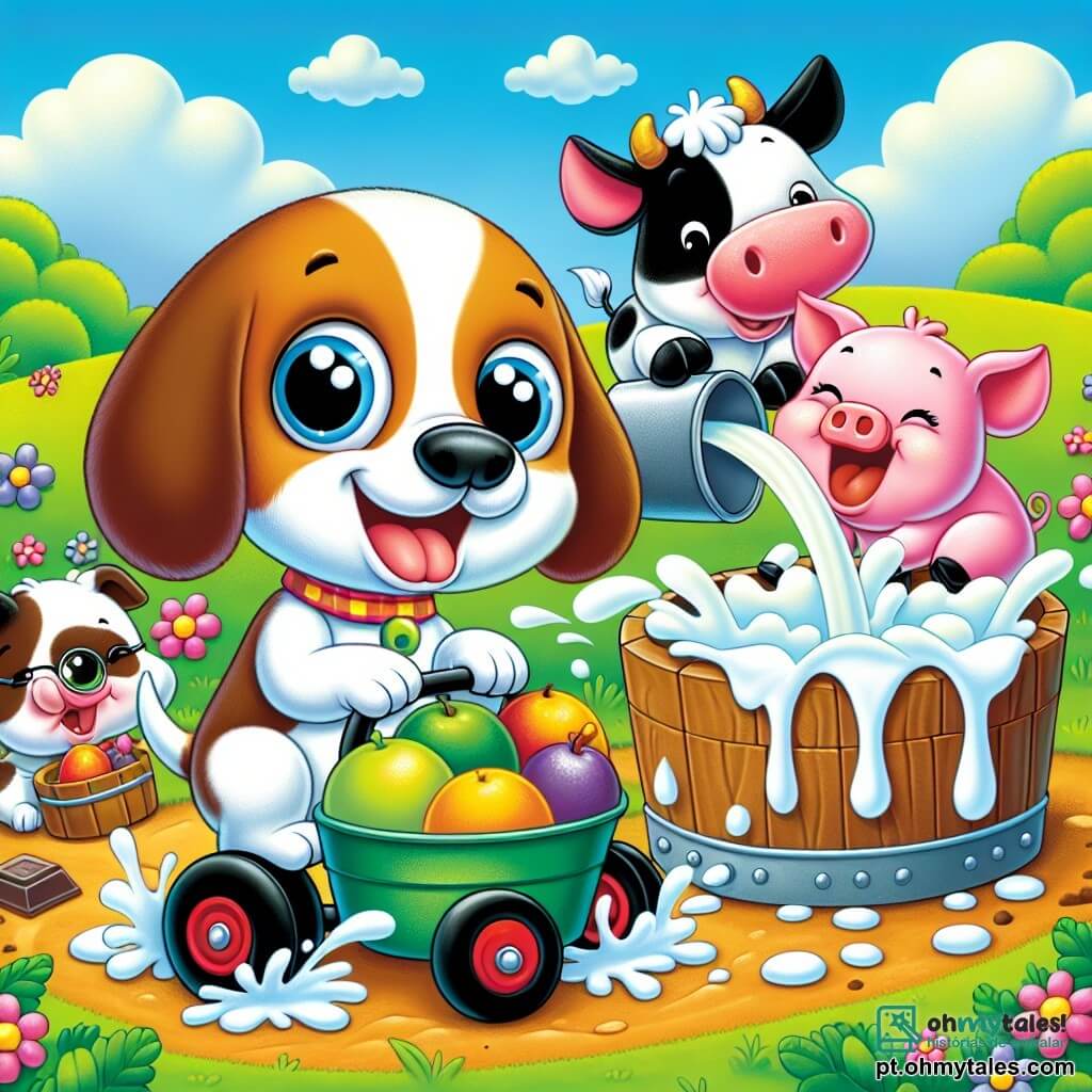 Um pequeno cachorro beagle chamado Bolinha, com grandes orelhas caídas e pelagem marrom e branca, está no centro da imagem, com os olhos brilhando de excitação e um sorriso no rosto, puxando uma grande roda de carro cheia de frutas e leite para sua máquina de sorvete. Ao lado dele, Margarita, uma vaca vermelha e branca, está alegremente, com manchas de chocolate no focinho, despejando leite em um grande balde. Um pouco mais adiante, Pipo, um porquinho rosa, está sentado na lama, rindo alto, com respingos de sorvete colorido em suas costas. A cena acontece em um campo verdejante, sob um céu azul brilhante, com flores coloridas e árvores ao fundo, onde o ar está cheio do cheiro doce das frutas. No primeiro plano, Bolinha e seus amigos estão preparando sua máquina de sorvete, cercados de risadas e alegria, prontos para criar o melhor sorvete da fazenda.
