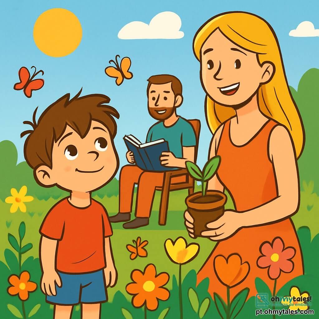 Um menino de 6 anos, Lucas, com cabelos castanhos bagunçados e olhos brilhantes de curiosidade, está em um jardim ensolarado, cercado por flores coloridas. Ele tem um sorriso tímido, mas determinado, e olha para o céu com uma expressão de esperança. Ao seu lado, sua mãe, uma mulher na casa dos trinta anos com cabelos longos e loiros, usa um vestido leve e sorri calorosamente, segurando uma pequena planta que acabou de replantar. Um pouco mais longe, seu pai, um homem na casa dos trinta anos com cabelos curtos e uma barba leve, está sentado em uma cadeira de jardim, lendo um livro, com um olhar suave e atencioso. O jardim está cheio de flores vibrantes, borboletas voando e um céu azul radiante, criando uma atmosfera alegre e pacífica. A cena principal mostra Lucas e sua mãe jardineiro juntos, simbolizando o apoio e o amor familiar, enquanto seu pai os observa com um sorriso carinhoso.