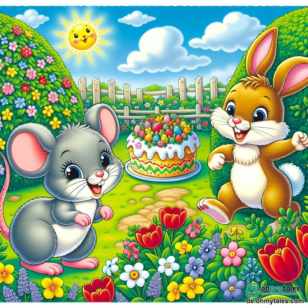 In einem sonnigen Garten steht die kleine graue Maus Emma, 5 Jahre alt, fröhlich links, mit großen, leuchtenden Augen und einem kleinen, zitternden Schwanz. Rechts von ihr hüpft der junge braune Hase Max, 6 Jahre alt, begeistert mit aufgerichteten Ohren und einem strahlenden Lächeln. Der Garten ist voller bunter Blumen, mit roten Tulpen, gelben Narzissen und Veilchen, unter einem hellblauen Himmel mit einigen weißen Wolken. In der Mitte versteckt ein großer grüner Busch eine wunderschöne große Ostertorte, geschmückt mit lebhaften Farben und frühlingshaften Mustern. Die Szene zeigt Emma und Max, die die Überraschungstorte entdecken, ihre Gesichter erleuchtet von Freude und Aufregung, bereit, ihr Osterfest in dieser bezaubernden Umgebung zu feiern.