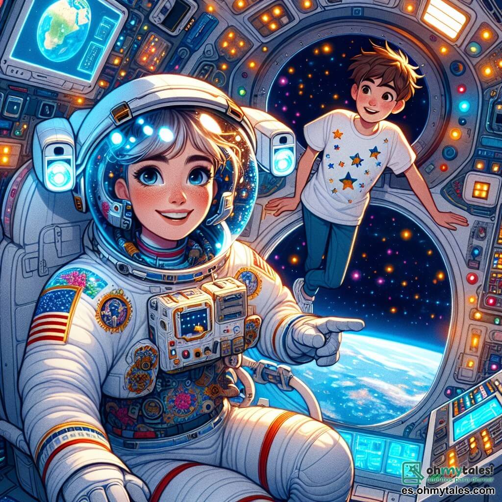 En el centro de la imagen, una mujer astronauta, Valeria, flota en la cápsula espacial. Lleva un traje espacial blanco con detalles coloridos y un casco transparente que muestra su rostro sonriente y asombrado. Sus ojos brillan de emoción mientras mira por la ventanilla, descubriendo la belleza de la Tierra abajo. Al fondo, un joven llamado Lucas, de unos 12 años, está de pie, con los ojos abiertos de admiración. Tiene el cabello castaño desordenado y lleva una camiseta con motivos de estrellas. Se inclina hacia adelante, con las manos en el panel de control, intentando entender los botones y pantallas que parpadean a su alrededor. La cápsula está rodeada de un vasto cielo estrellado, con planetas coloridos y nebulosas brillantes, creando una atmósfera mágica e inspiradora. Las paredes de la cápsula están llenas de pantallas que muestran datos científicos e imágenes de la Tierra. La escena principal muestra a Valeria y Lucas compartiendo un momento de asombro, con Valeria explicando a Lucas las maravillas del espacio mientras flotan juntos en esta aventura intergaláctica.