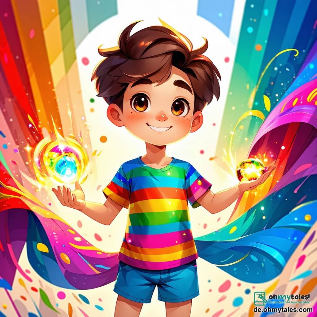 Ein 10-jähriger Junge namens Felix mit zerzausten braunen Haaren und neugierigen Augen steht im Mittelpunkt des Bildes und lächelt breit. Er trägt ein bunt gestreiftes T-Shirt und Shorts und hält ein leuchtendes Amulett in seiner Hand. Neben ihm tanzt ein großer, bunter Schal mit Regenbogenmustern um Felix herum. Im Hintergrund sitzt eine weise, majestätische Eule namens Hooty mit großen runden Augen und braunen Federn auf einem Ast und beobachtet die Szene amüsiert. Die Szene spielt in einem wunderschönen verwunschenen Garten voller bunter Blumen, großer knorriger Bäume und einem strahlend blauen Himmel, unter dem ein Regenbogen leuchtet. In der Ferne ist ein malerisches kleines Dorf zu sehen. Felix und der Schal lachen zusammen, während ein riesiger Schokoladenkeks, so groß wie ein Auto, fröhlich durch den Garten rollt und bei Felix Überraschung und Freude auslöst, der sich bereit macht, ihm nachzujagen.