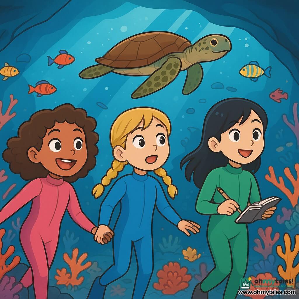 There are three characters: Maya, a 9-year-old girl with curly brown hair wearing a pink wetsuit, full of energy and smiling widely while holding her friends' hands; Sora, a 9-year-old girl with braided blonde hair in a blue wetsuit, looking around curiously, amazed by the underwater world; and Isla, a 9-year-old girl with smooth black hair dressed in a green wetsuit, holding a small notebook and pencil, ready to draw the wonders they discover. The three girls are swimming together in a vast underwater cave, surrounded by colorful corals and multicolored fish dancing around them. Light filters through the water, creating sparkling reflections on the cave walls, while starfish and anemones sway gently with the currents. The main scene shows the girls discovering a beautiful coral reef, enchanted by the beauty of the marine creatures around them, while a majestic turtle swims slowly nearby, adding a touch of magic to their underwater adventure.