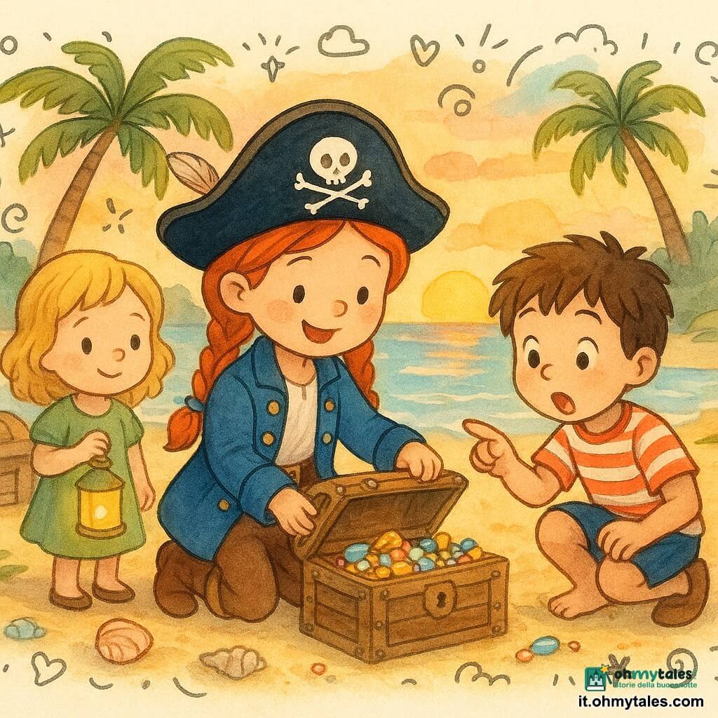 Una donna pirata coraggiosa, Lucia, inginocchiata e sorridente ad aprire una vecchia scatola di legno con ferrature arrugginite; un ragazzo di circa 8 anni, capelli bruni scompigliati e maglietta a righe rosse e bianche, accucciato a destra che indica la scatola con gli occhi spalancati; una bambina di circa 6 anni, riccioli biondi e vestito verde, a sinistra in piedi vicino a un grande baule chiuso che tiene una piccola lanterna gialla accesa; piccola isola tropicale al tramonto con sabbia dorata, palme inclinate, conchiglie colorate, erba verde e mare calmo dai riflessi arancio e rosa; momento gioioso della scoperta del tesoro sotto un grande albero: scatola aperta piena di piccoli giocattoli brillanti e perline colorate, volti illuminati, atmosfera calda e sicura, colori morbidi, contorni arrotondati, texture acquerello e decorazioni marittime stilizzate (stelle marine, ancore, onde).