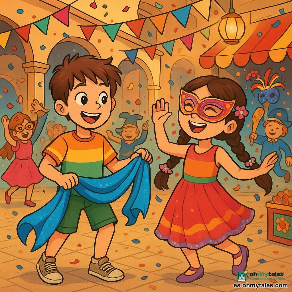 Un niño de 10 años, con el cabello castaño despeinado y ojos llenos de curiosidad, se encuentra en el centro de la escena, sonriendo con asombro. Lleva una camiseta colorida, pantalones cortos y zapatillas desgastadas, sosteniendo una hermosa cinta de tela azul brillante en sus manos. A su lado, una niña de 9 años, con largas trenzas adornadas con flores de papel, baila alegremente, sus ojos brillando de alegría, vestida con un vestido colorido y una máscara de carnaval brillante. En el fondo, un grupo de niños de diferentes edades, todos vestidos con trajes festivos, se divierten haciendo movimientos de baile y lanzando confeti al aire. La escena tiene lugar en una plaza animada, rodeada de arcos antiguos, donde guirnaldas de papel colorido flotan al viento y faroles iluminan la atmósfera festiva. El suelo está pavimentado con losas brillantes, y puestos decorados con máscaras y dulces añaden un toque de magia. El niño y la niña, en medio de esta efervescencia, bailan juntos, la cinta de tela elevándose en el aire como una ola de color, mientras risas y música llenan el aire, creando un ambiente alegre y festivo.