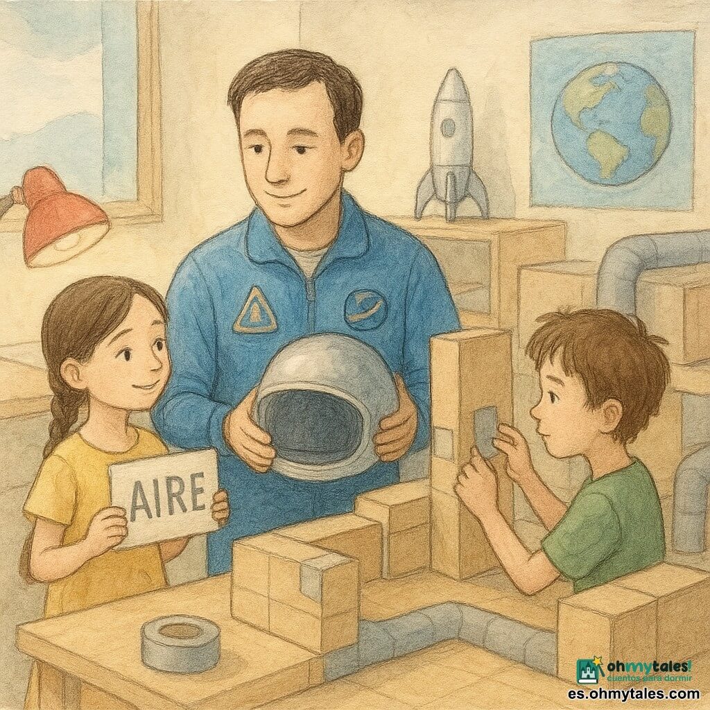 Un hombre — Mateo, unos treinta, rostro amable y sonriente, pelo corto castaño — con mono azul con parches ajusta un casco plateado entre las manos, postura calmada; una niña de ~9 años, trenza larga castaña y vestido amarillo, sonríe mirando y sostiene una tarjeta “Aire” a la izquierda de Mateo; un niño de ~8 años, pelo despeinado y camiseta verde, concentrado pero tranquilo, refuerza una pared de cartón con cinta a la derecha de Mateo; escenario: sala de actividades de un centro espacial con mesas bajas, módulos y túneles de cartón pintados, maqueta de cohete plateado y pósters de la Tierra; escena de reparación colectiva de un módulo de estación en cartón guiada por Mateo, ambiente cálido y pedagógico; paleta suave (azules, amarillos, marrones claros), texturas de lápiz y papel con acuarela para sombras; plano medio en ligera picada, luz cálida de una lámpara roja auxiliar y ventana suave al fondo.
